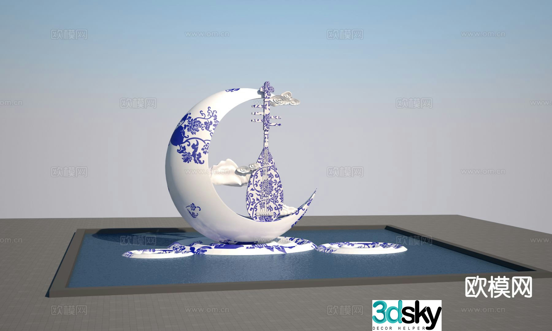 Blue and white porcelain moon sculpture 3d model