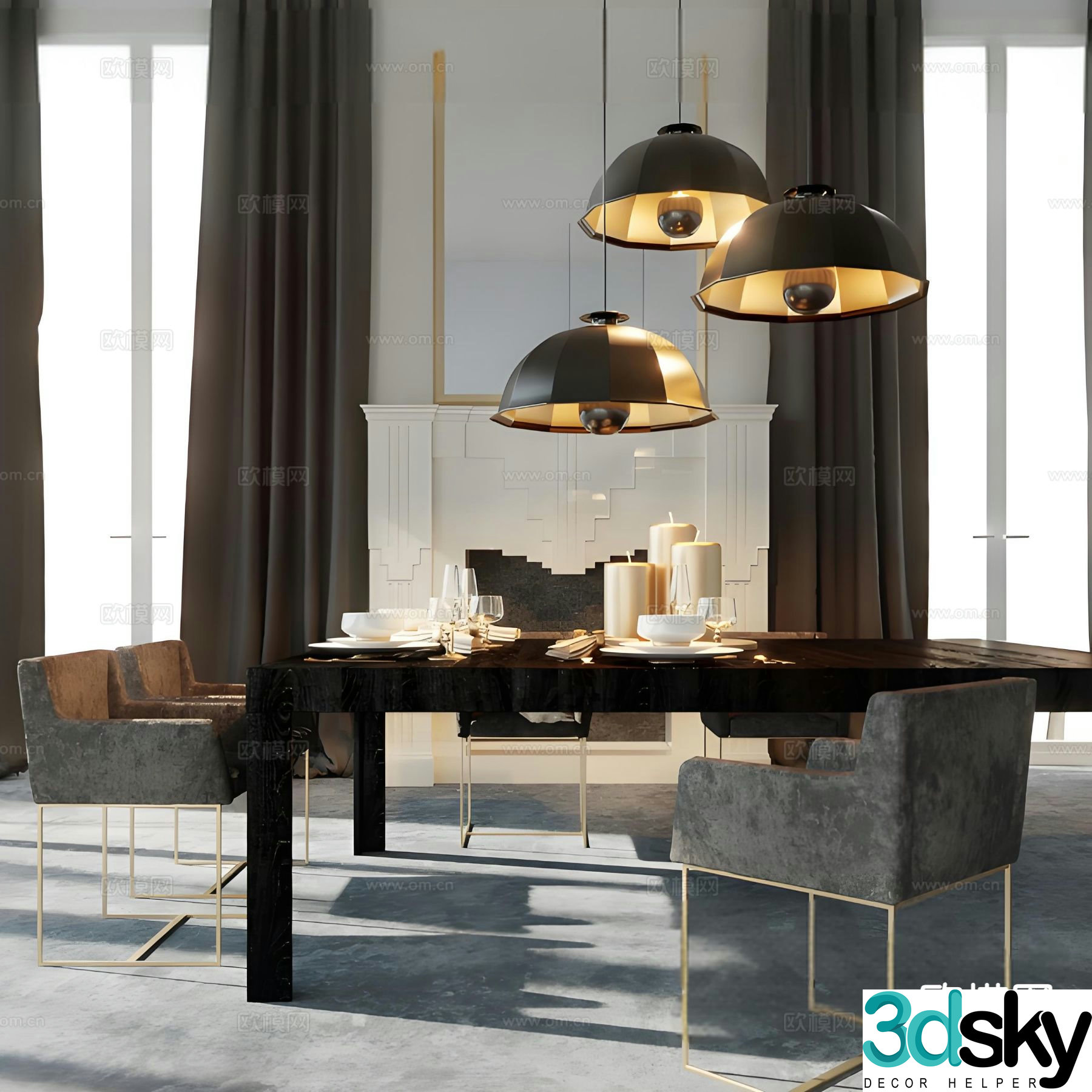 Modern long dining table and chairs 3d model