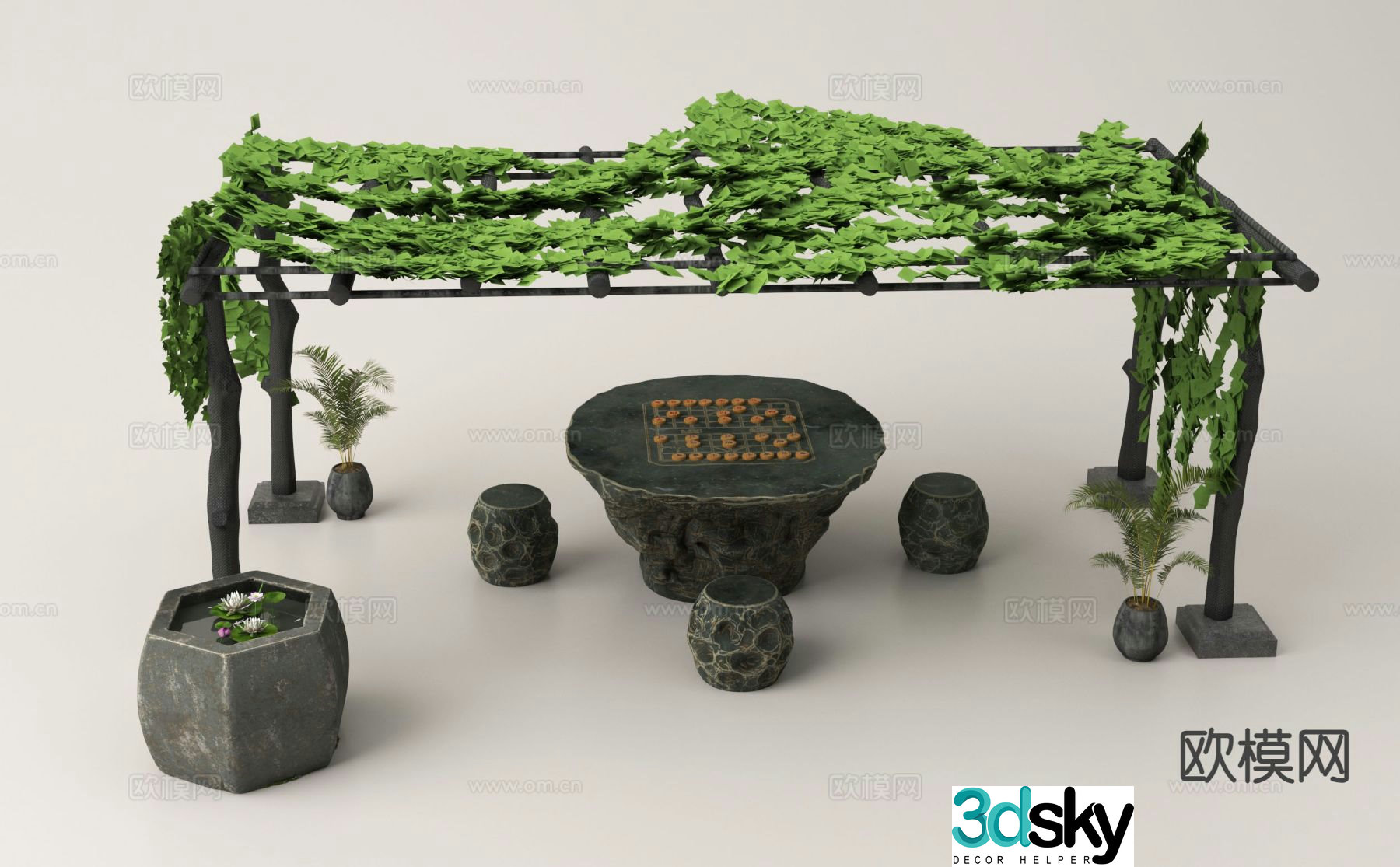 Chinese chess table leisure table and chairs vine shed 3D model