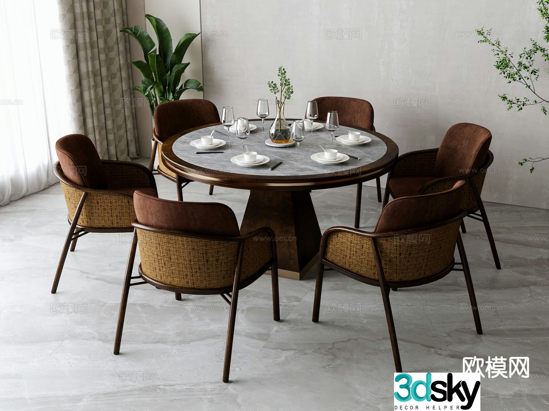 New Chinese style round dining table and chairs 3d model