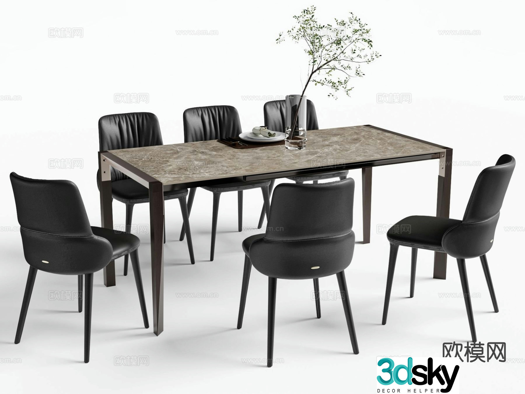 Modern slate dining table and chairs 3d model