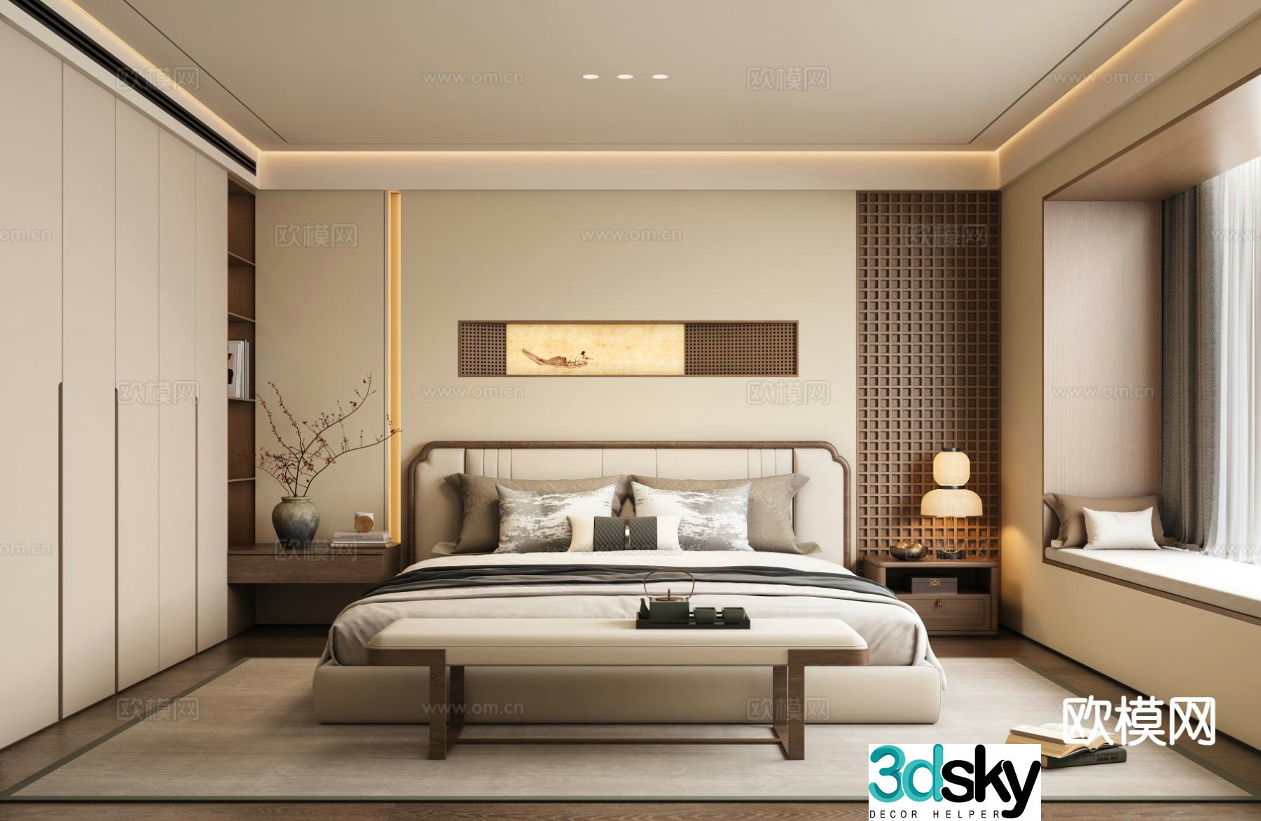 New Chinese style bedroom Zen master bedroom 3D model