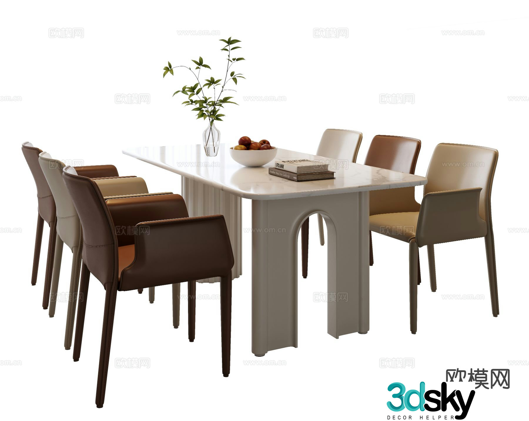 Modern long dining table and chairs 3d model