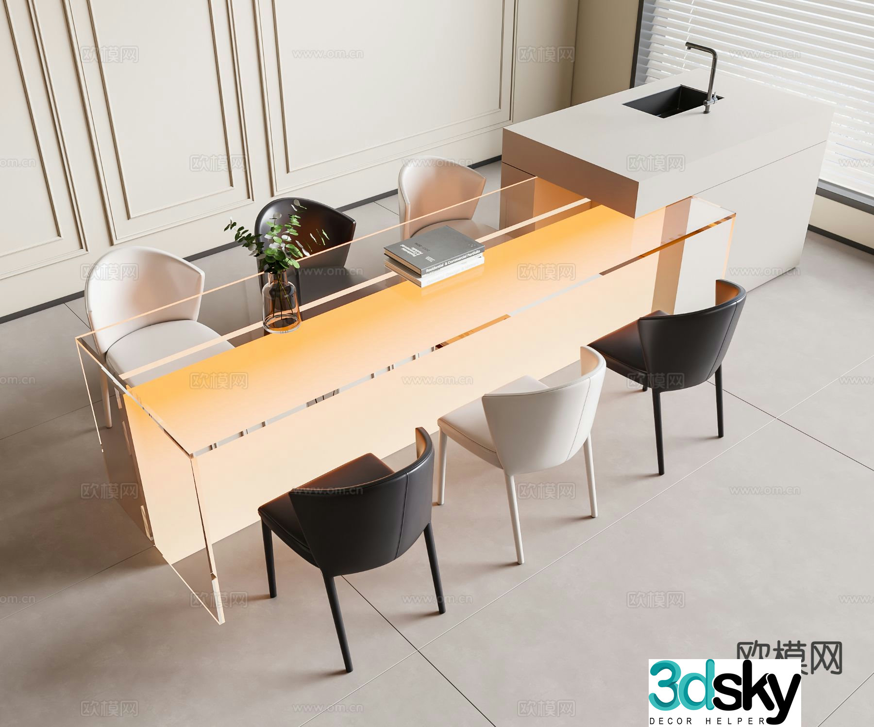 Modern island table dining table and chairs 3d model