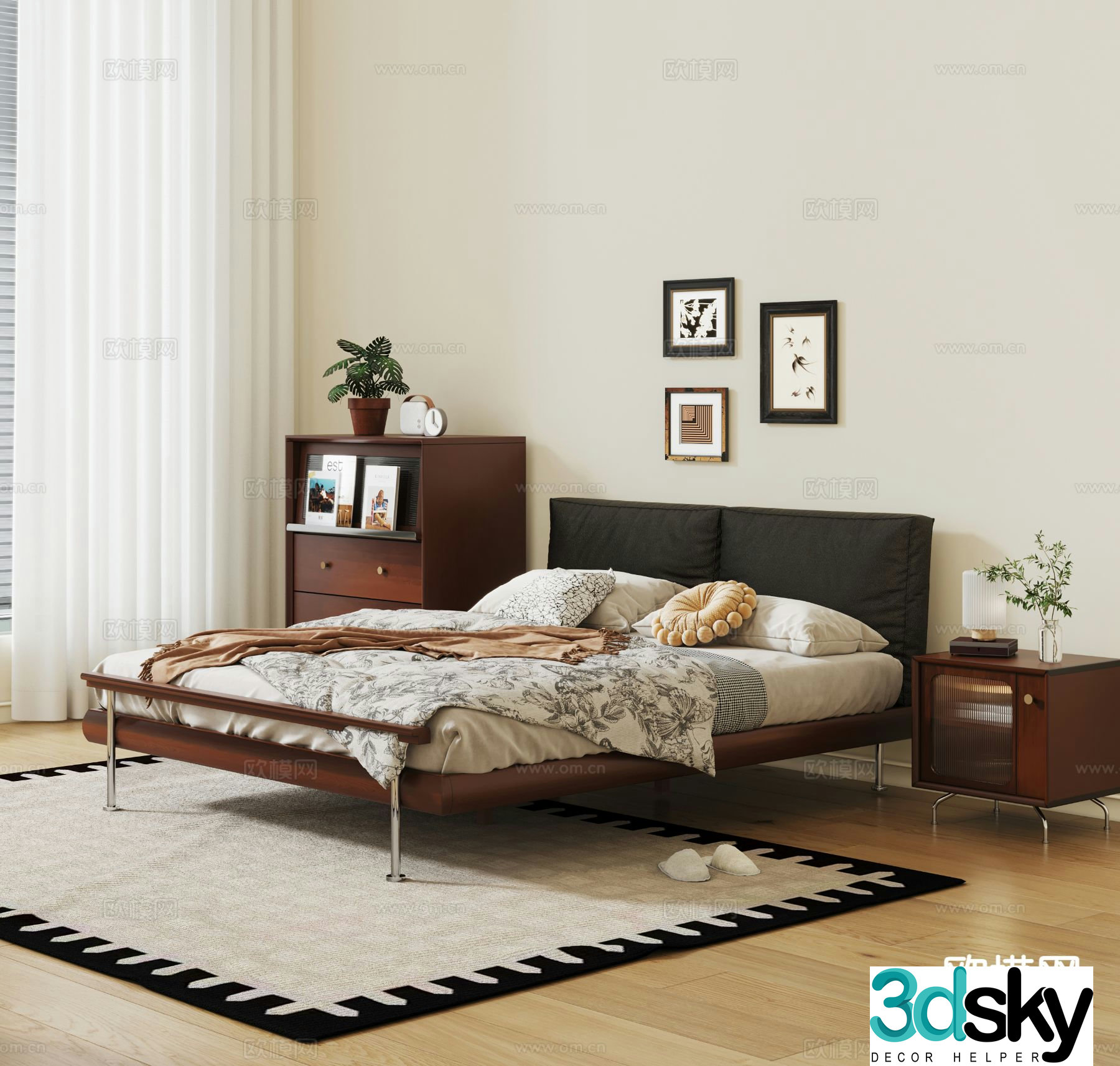 Medieval style solid wood bed double bed 3d model