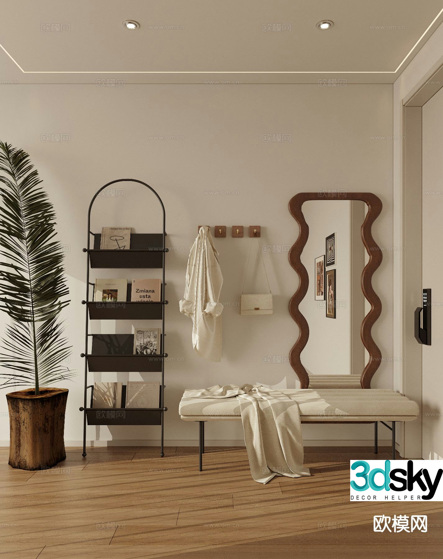 Medieval style shoe-changing stool full-length mirror clothes-hanging rail 3D model