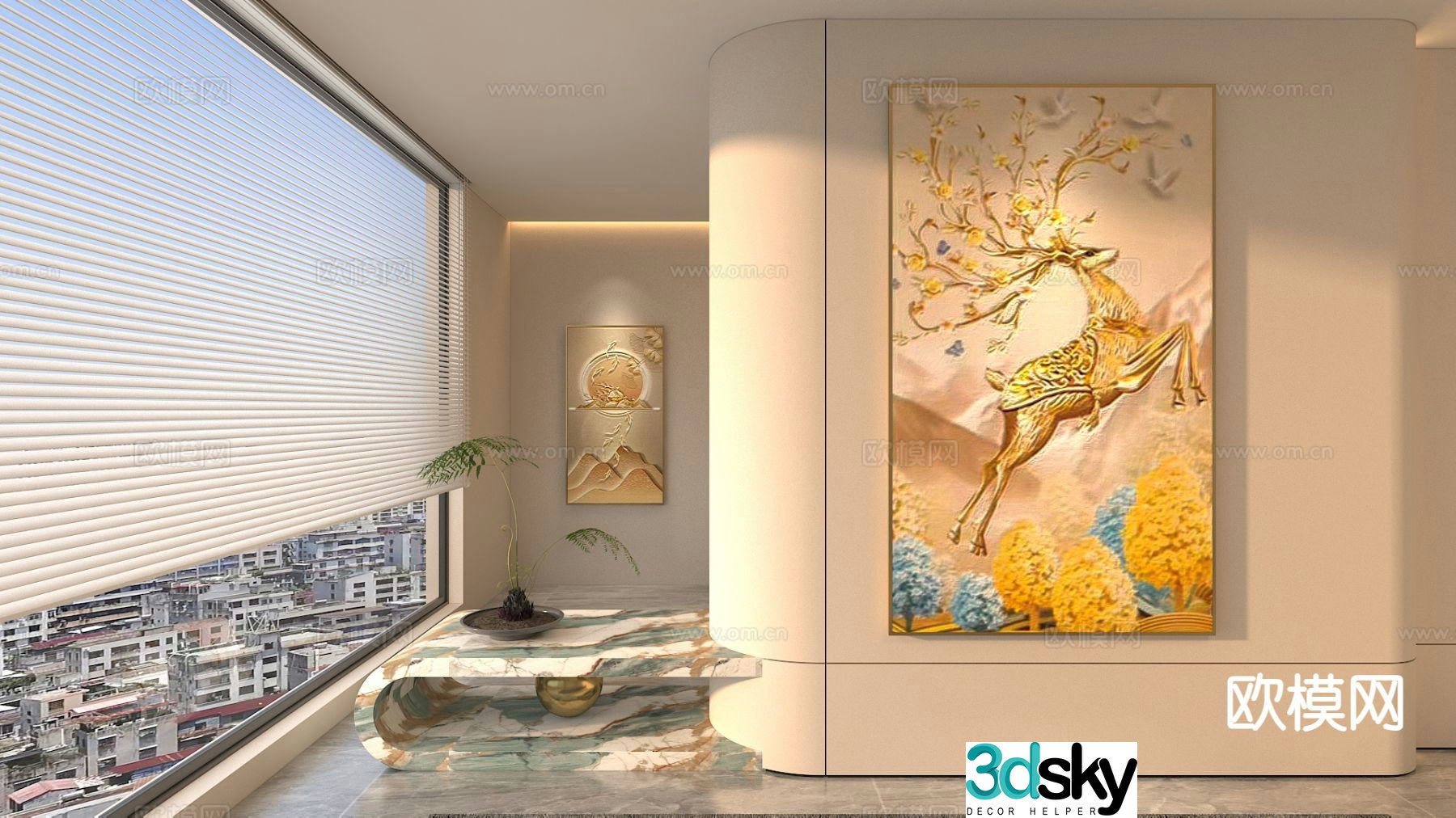 Modern entrance hall painting golden deer sending wealth hanging painting decorative painting 3D model