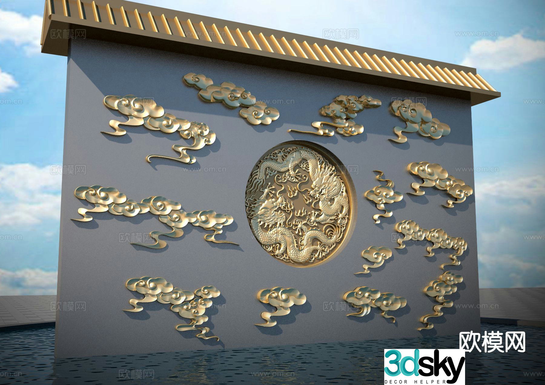 Window grille hollow relief cloud pattern relief landscape wall 3D model