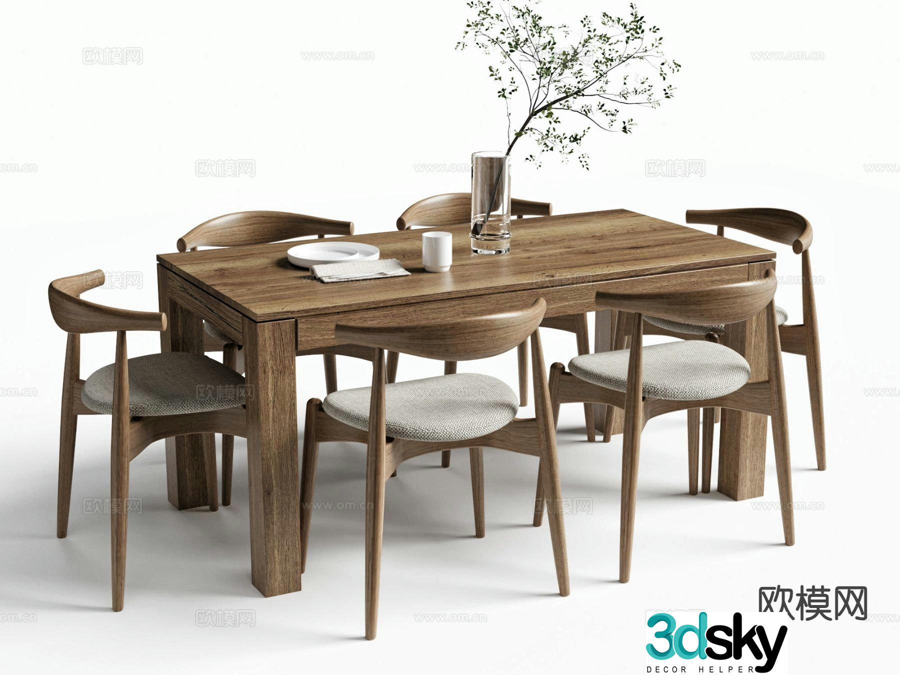 3D model of log style dining table and chairs