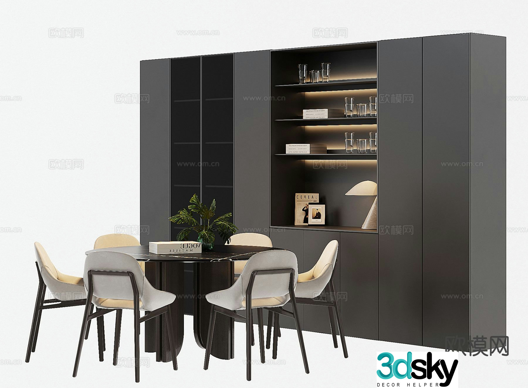 Modern round dining table and chairs sideboard 3d model