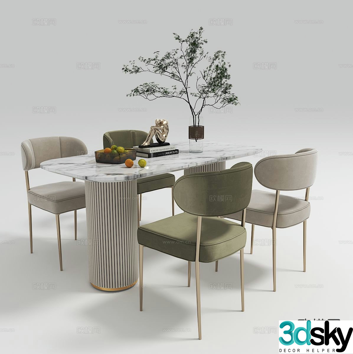 Modern long dining table and chairs 3d model