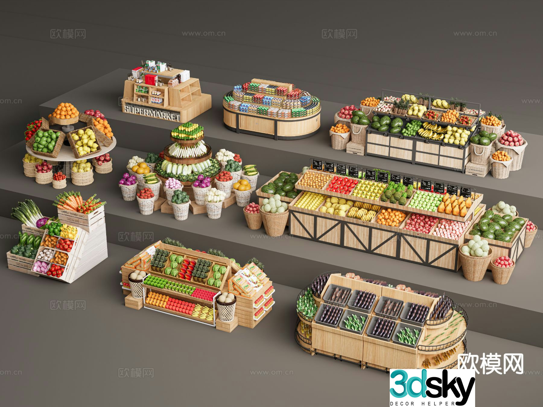 Modern supermarket shelves fruit shelves fruit and vegetable products 3d model