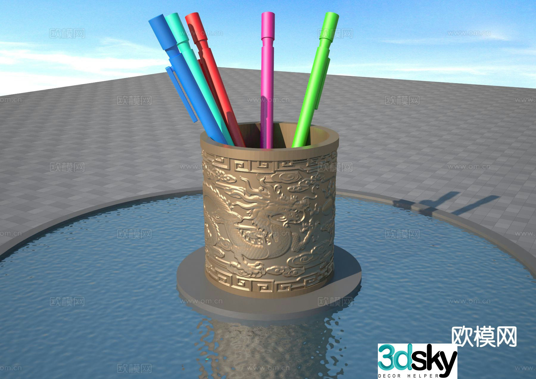 Art dragon relief pen holder sculpture 3d model