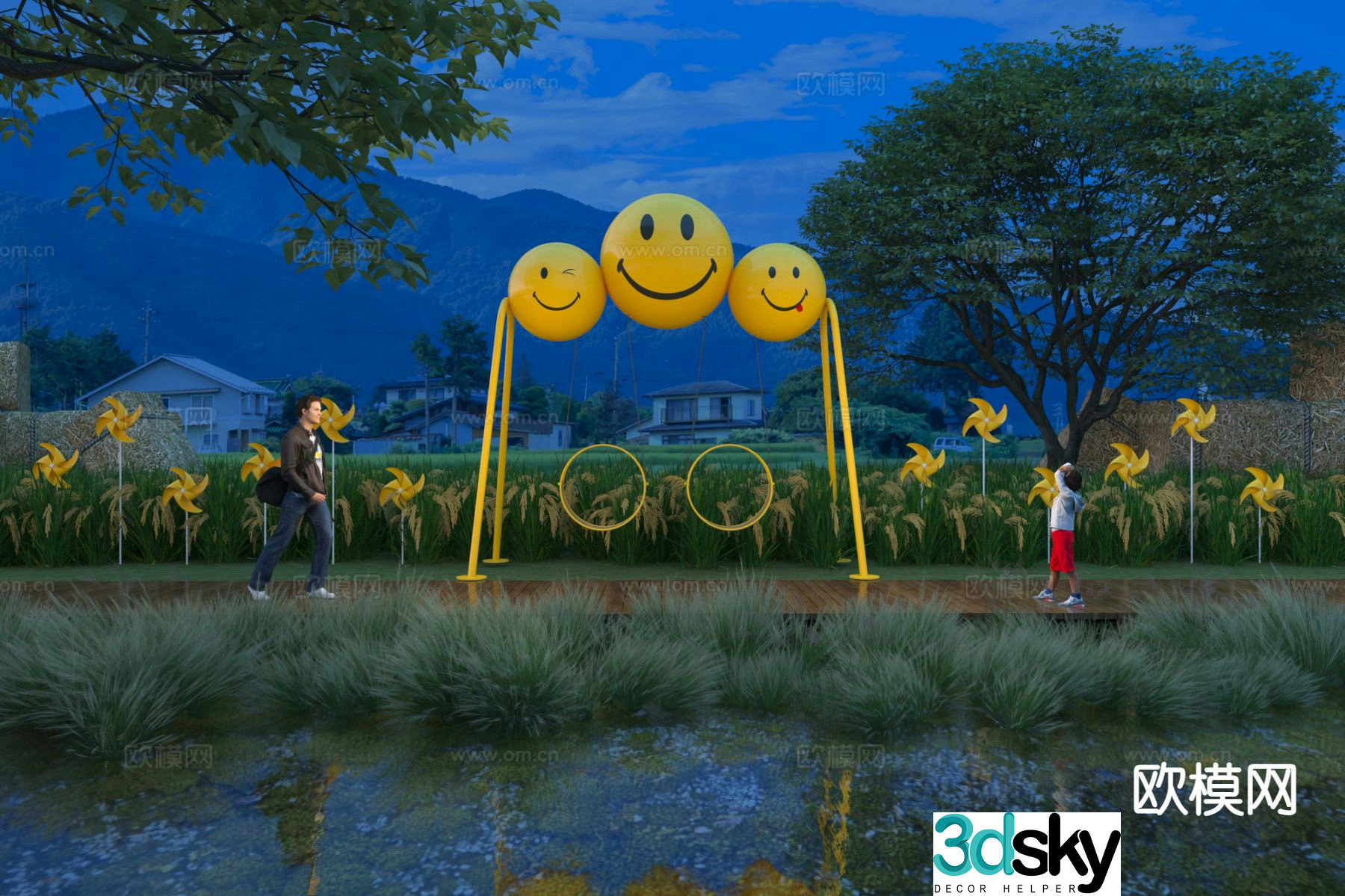 Modern park rice field smiley swing 3d model