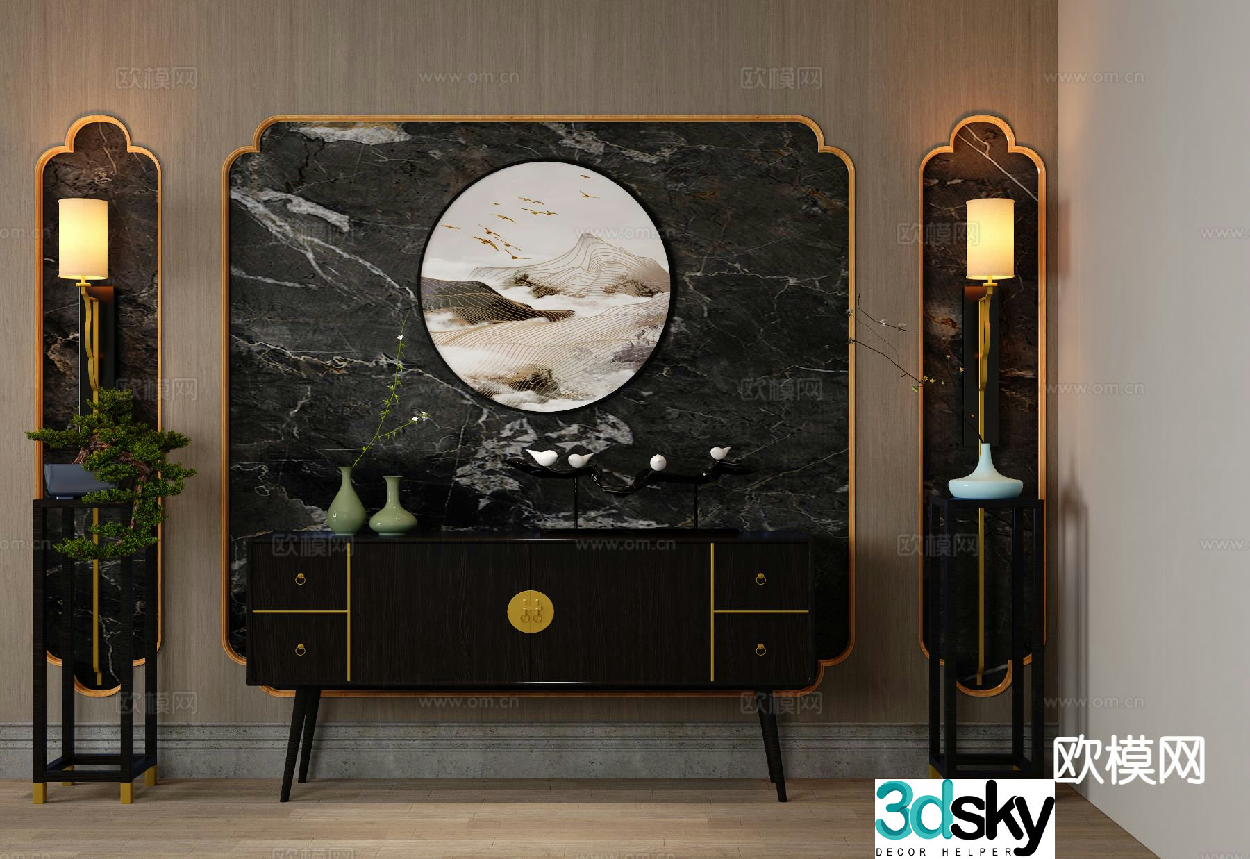 New Chinese style entrance hall entrance cabinet 3D model