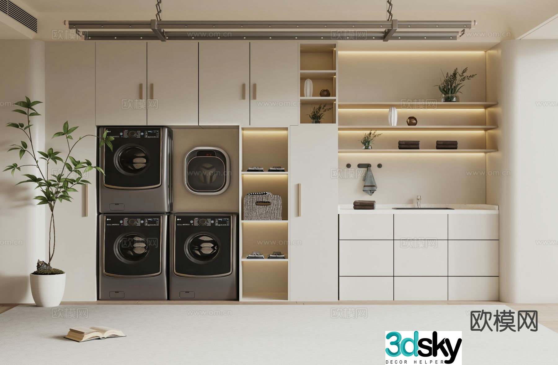 Cream style balcony cabinet washing machine cabinet 3d model