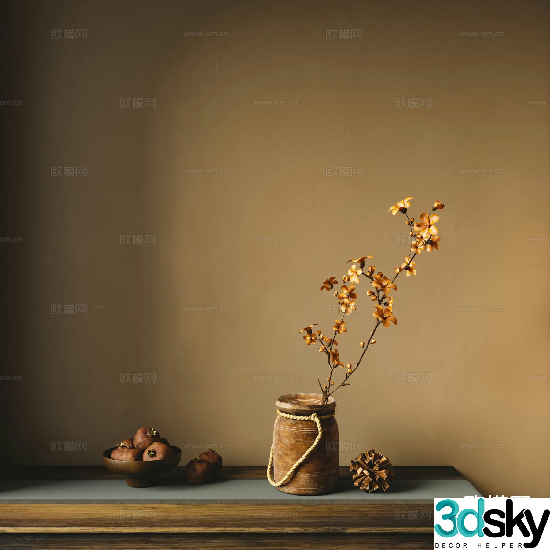 Wabi-sabi vase floral arrangement 3d model