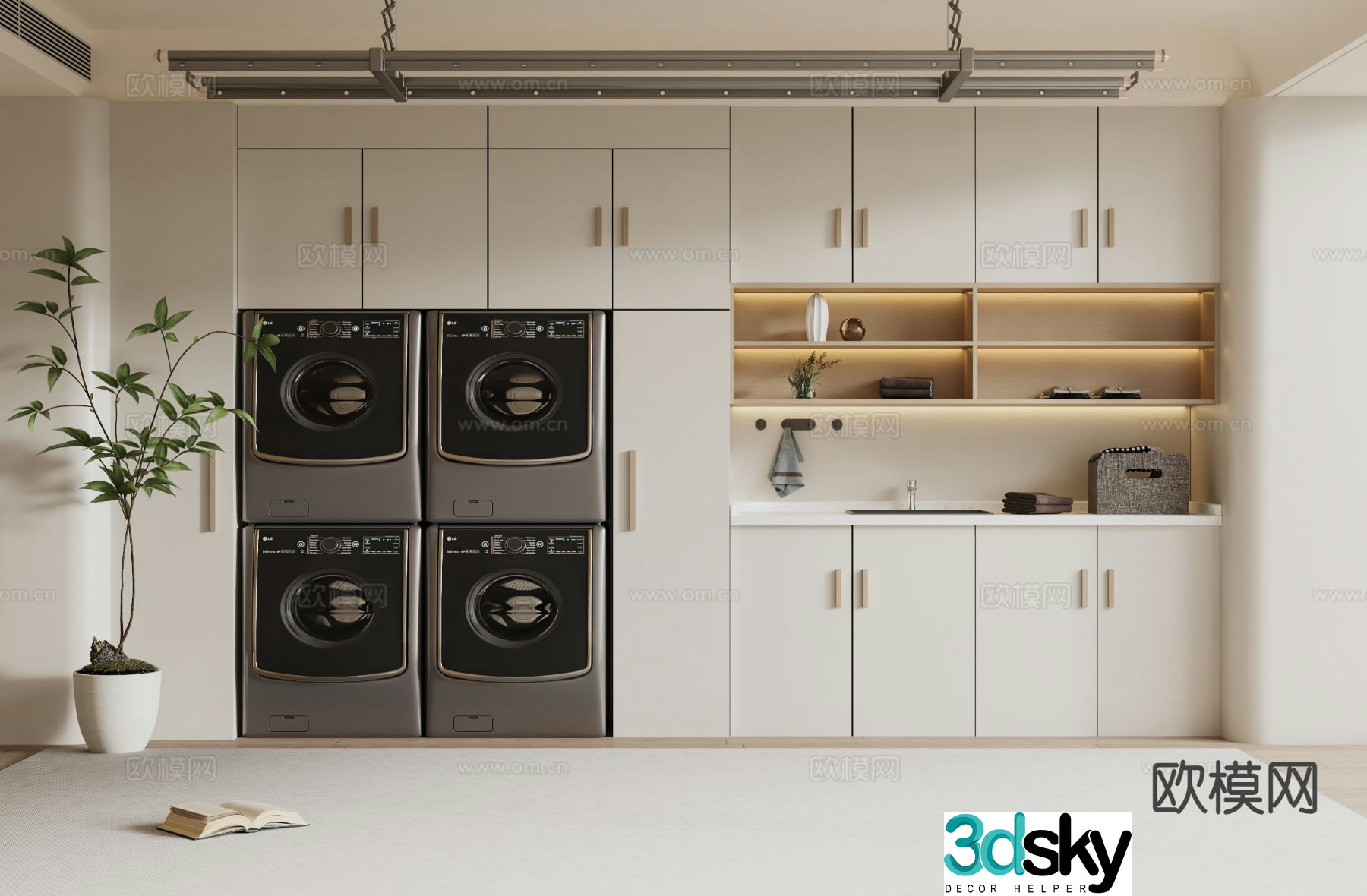 Cream style balcony cabinet washing machine cabinet 3d model