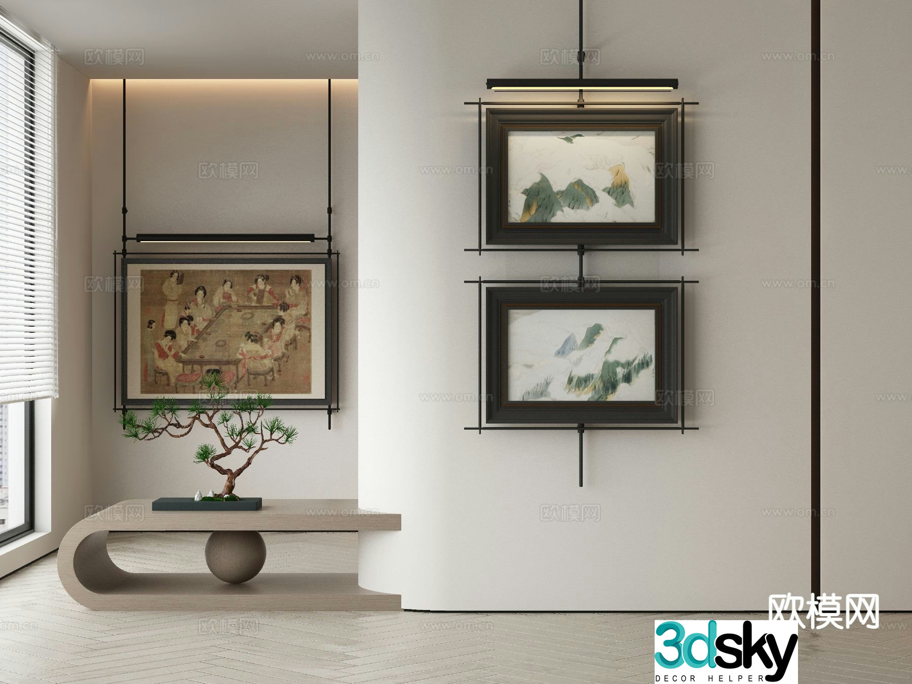 New Chinese style decorative painting ancient painting metal pole hanging painting 3D model