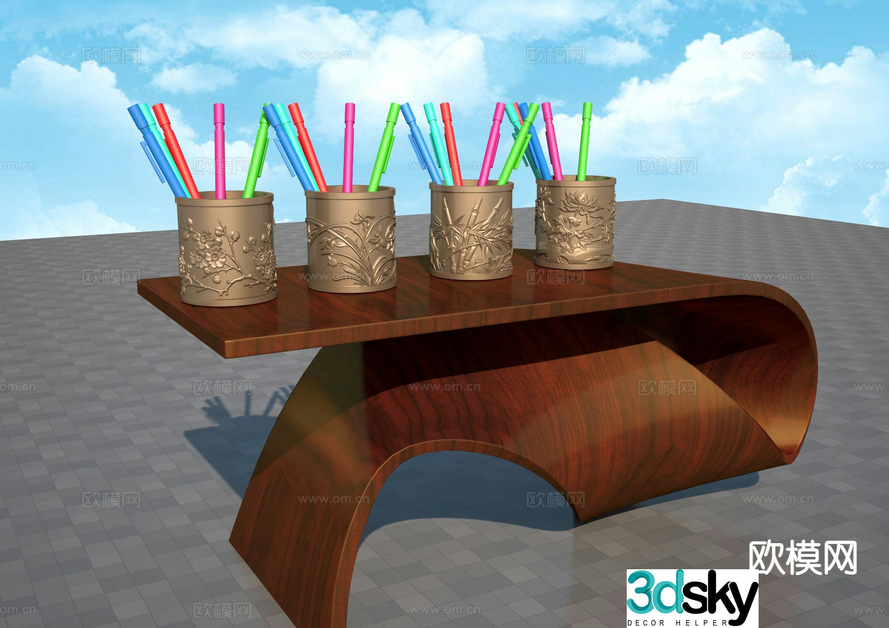 Plum Orchid Bamboo and Chrysanthemum Art Pen Holder Sculpture 3D Model