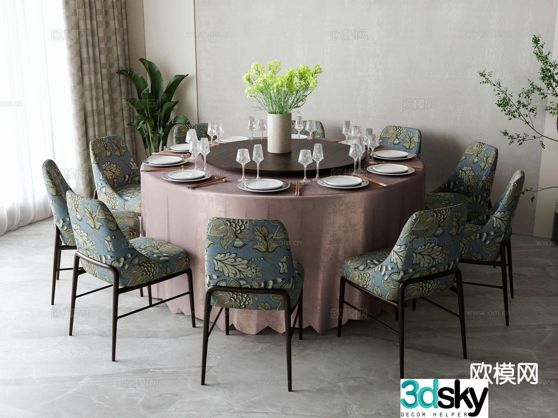 New Chinese style round dining table and chairs 3d model