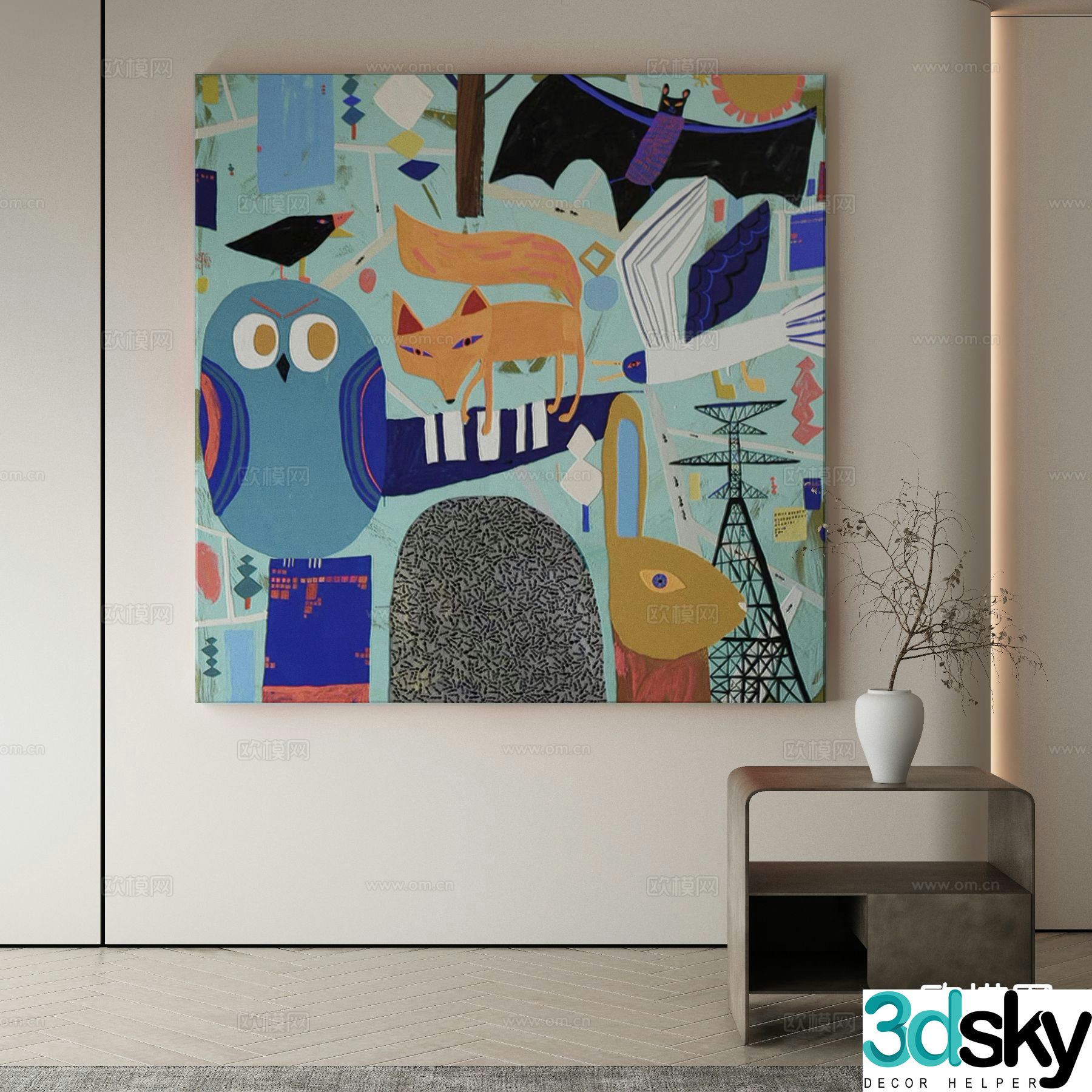 Modern decorative painting oil painting cartoon fox painting 3d model