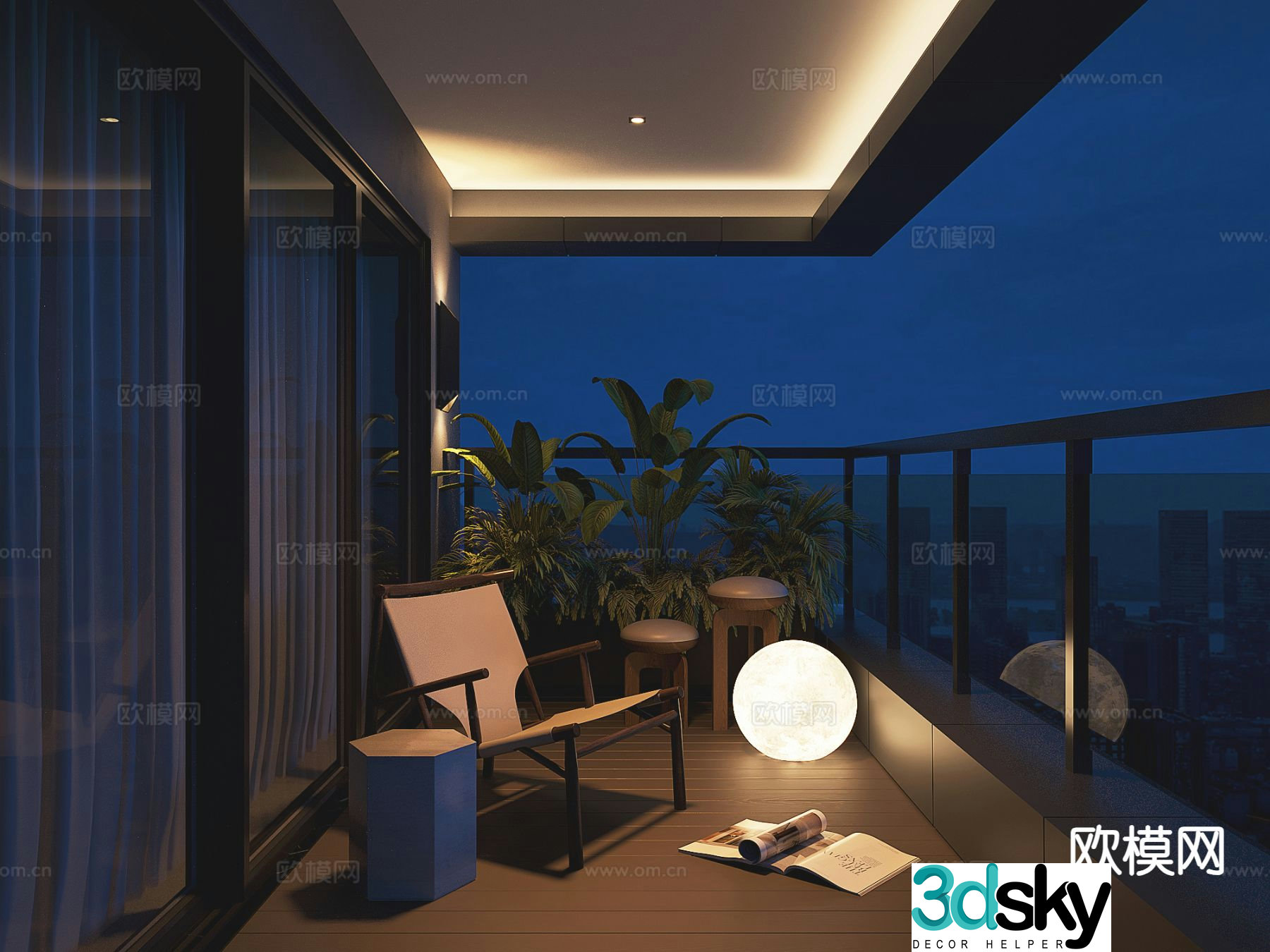 Modern leisure balcony night view 3d model