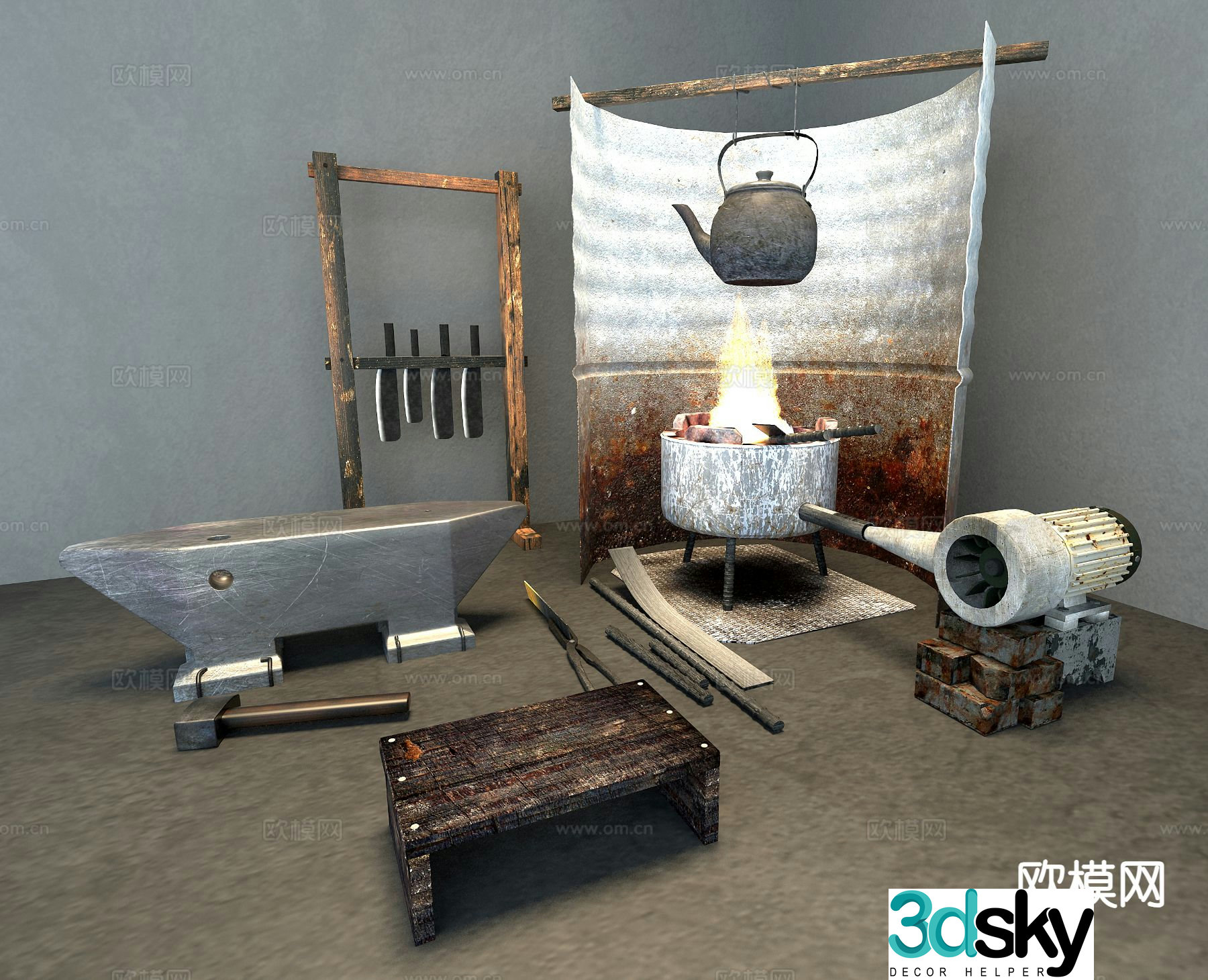 Blacksmith shop sketch anvil furnace 3D model