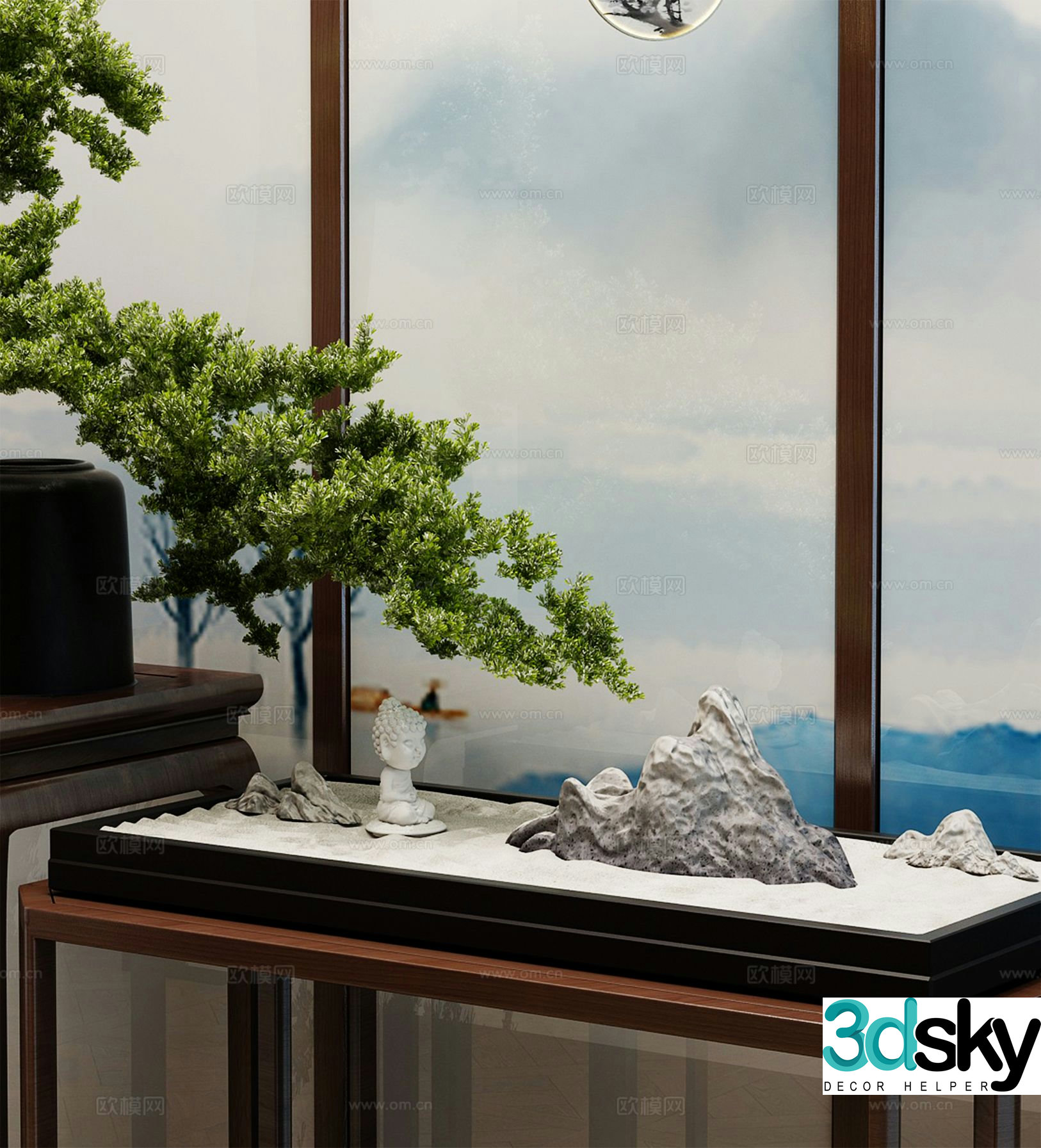 New Chinese style courtyard landscape sketch Zen dry landscape 3D model