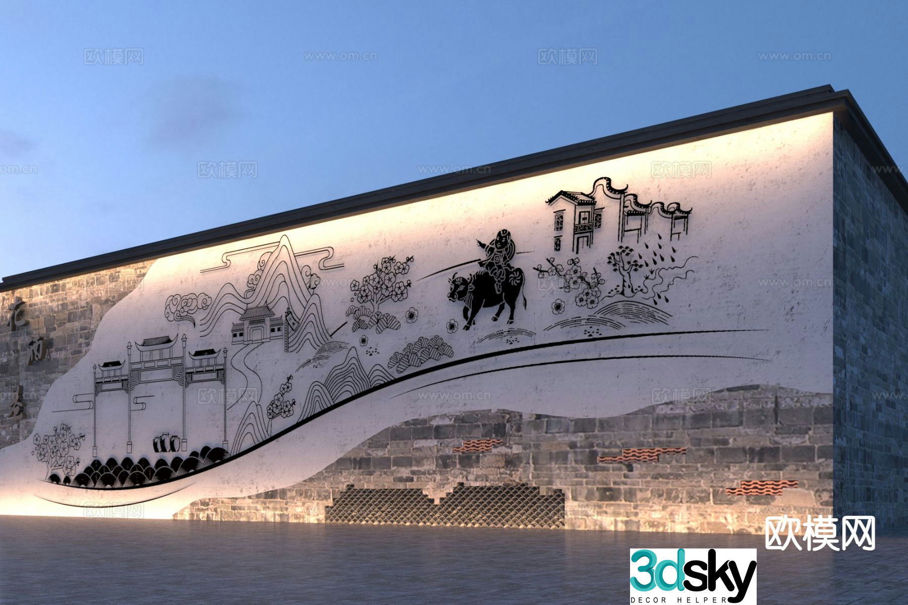 New Chinese style ancient town B&B landscape wall 3D model