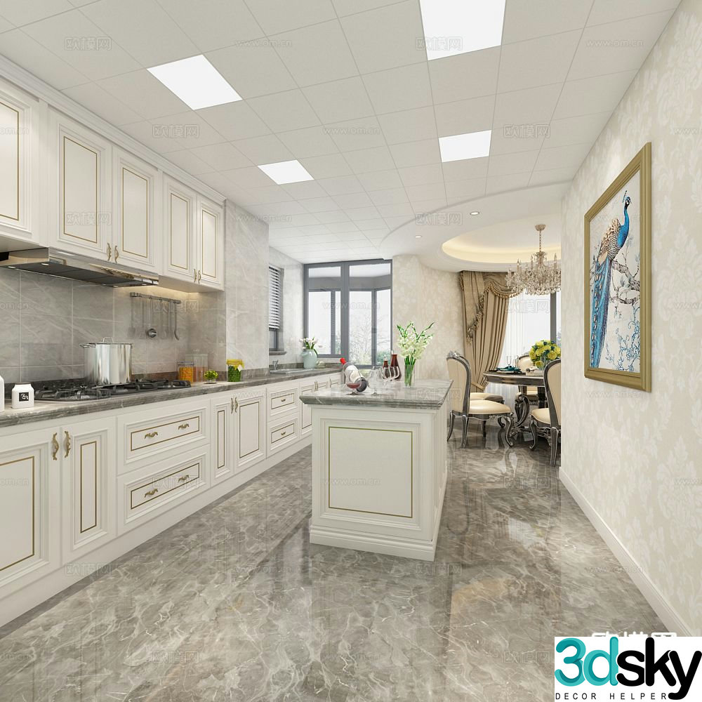 European style island kitchen 3d model