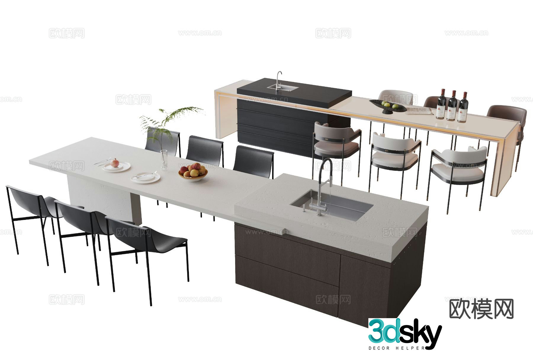 Modern island table water bar dining table and chairs 3D model
