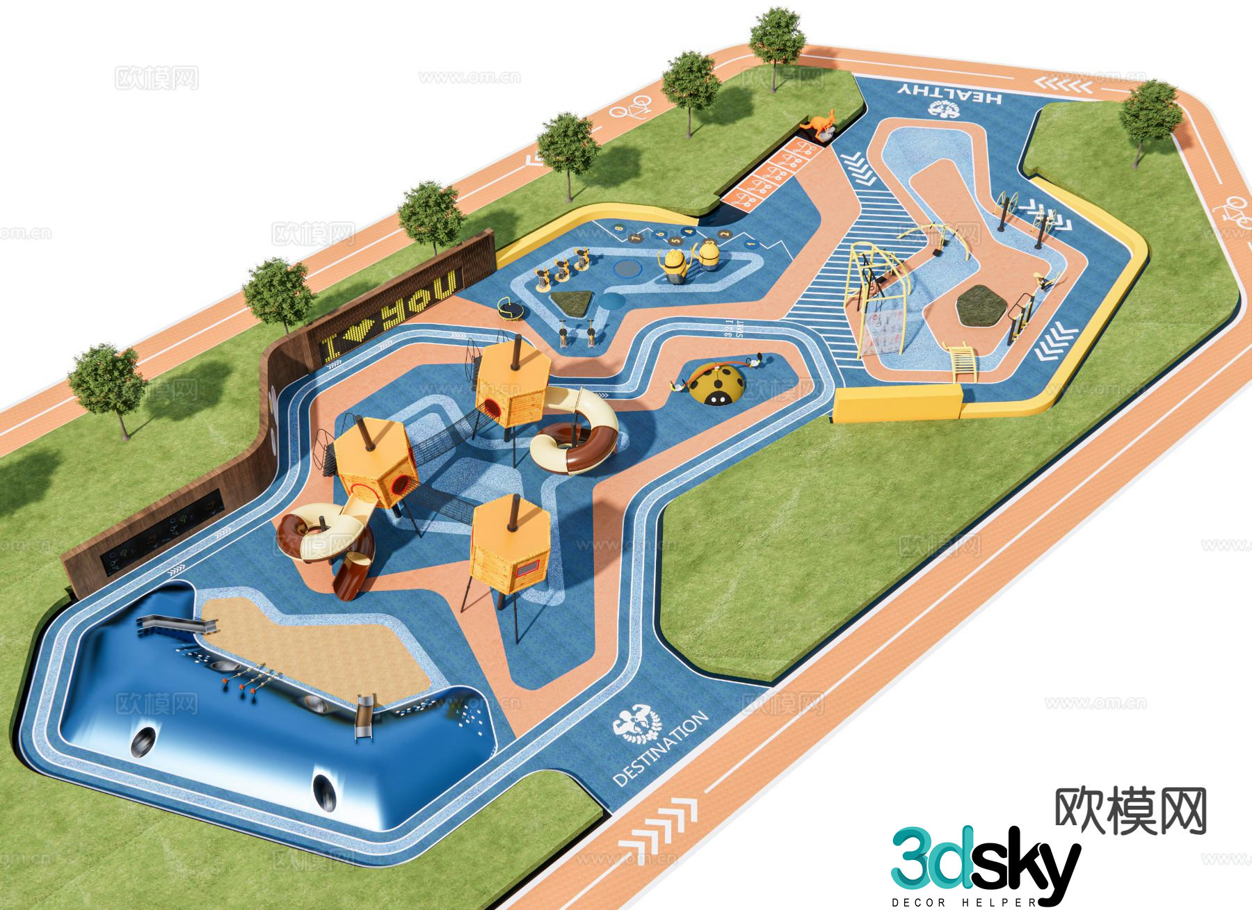 Modern pocket park activity park runway 3d model