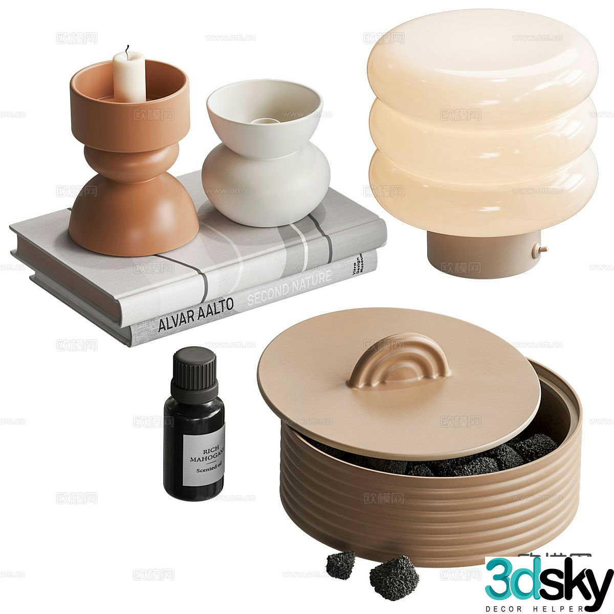 Ornaments books candlesticks table lamps 3D model