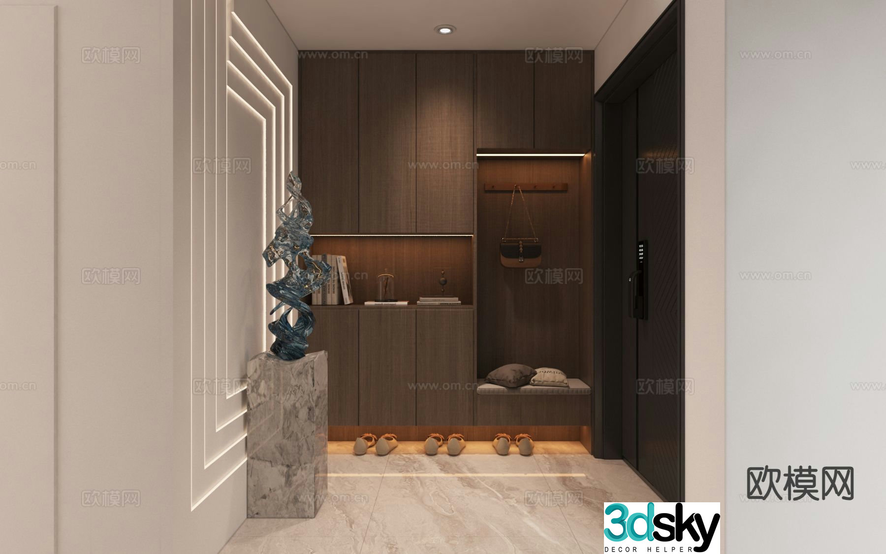 Modern entrance shoe cabinet facing wall 3D model