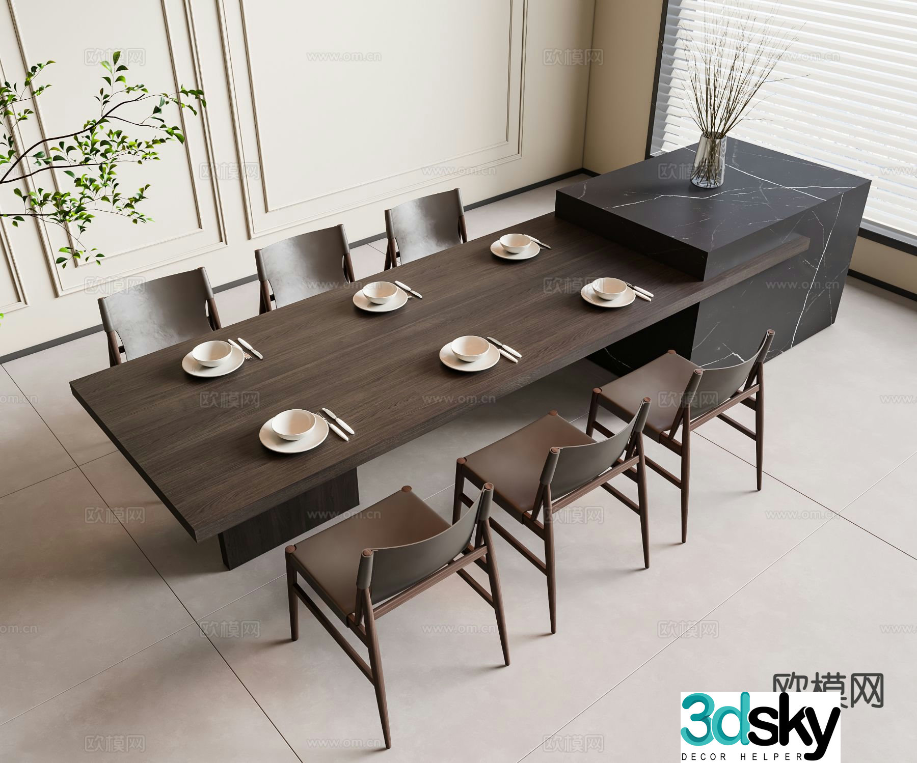 Wabi-sabi style dining table and chairs island 3d model