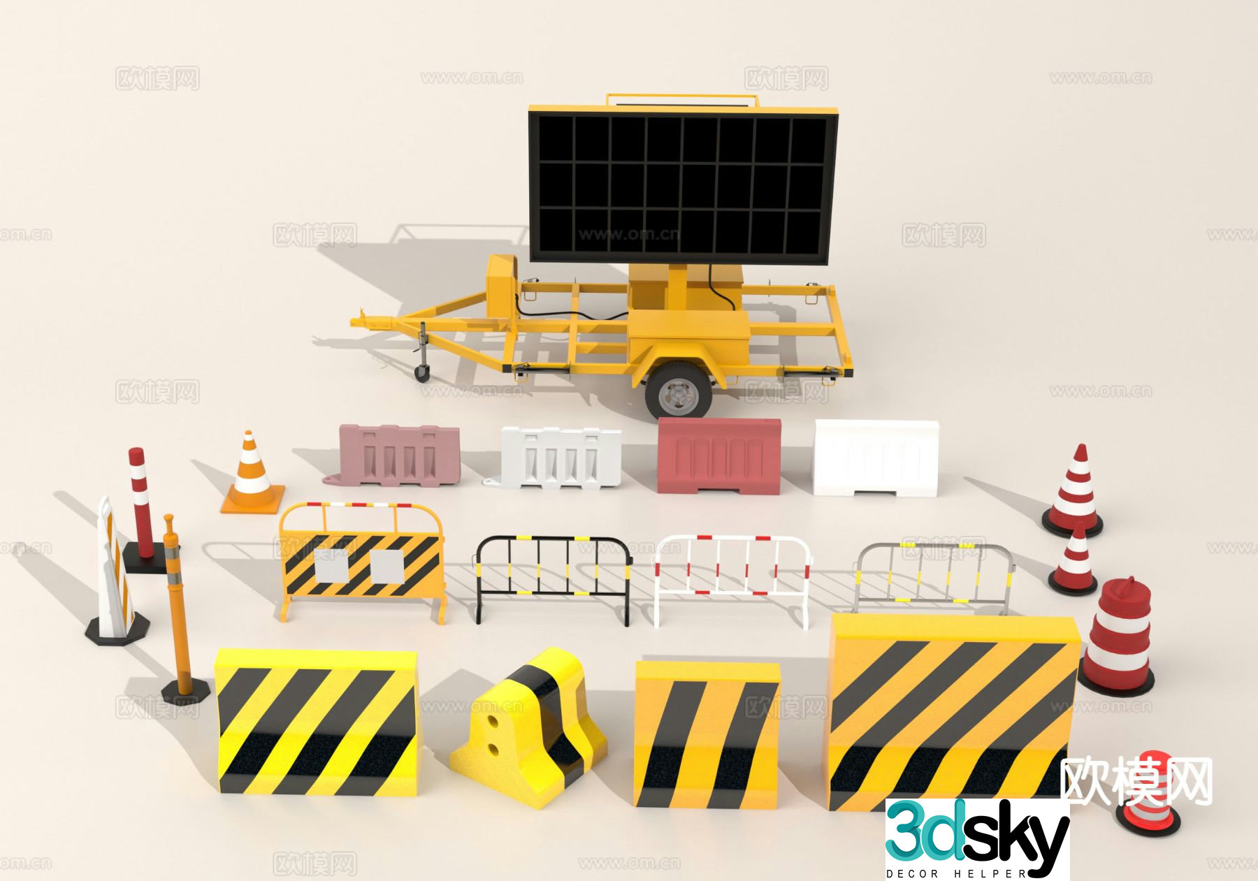 Roadblock, road sign, traffic cone, isolation belt, electronic prompt screen 3D model