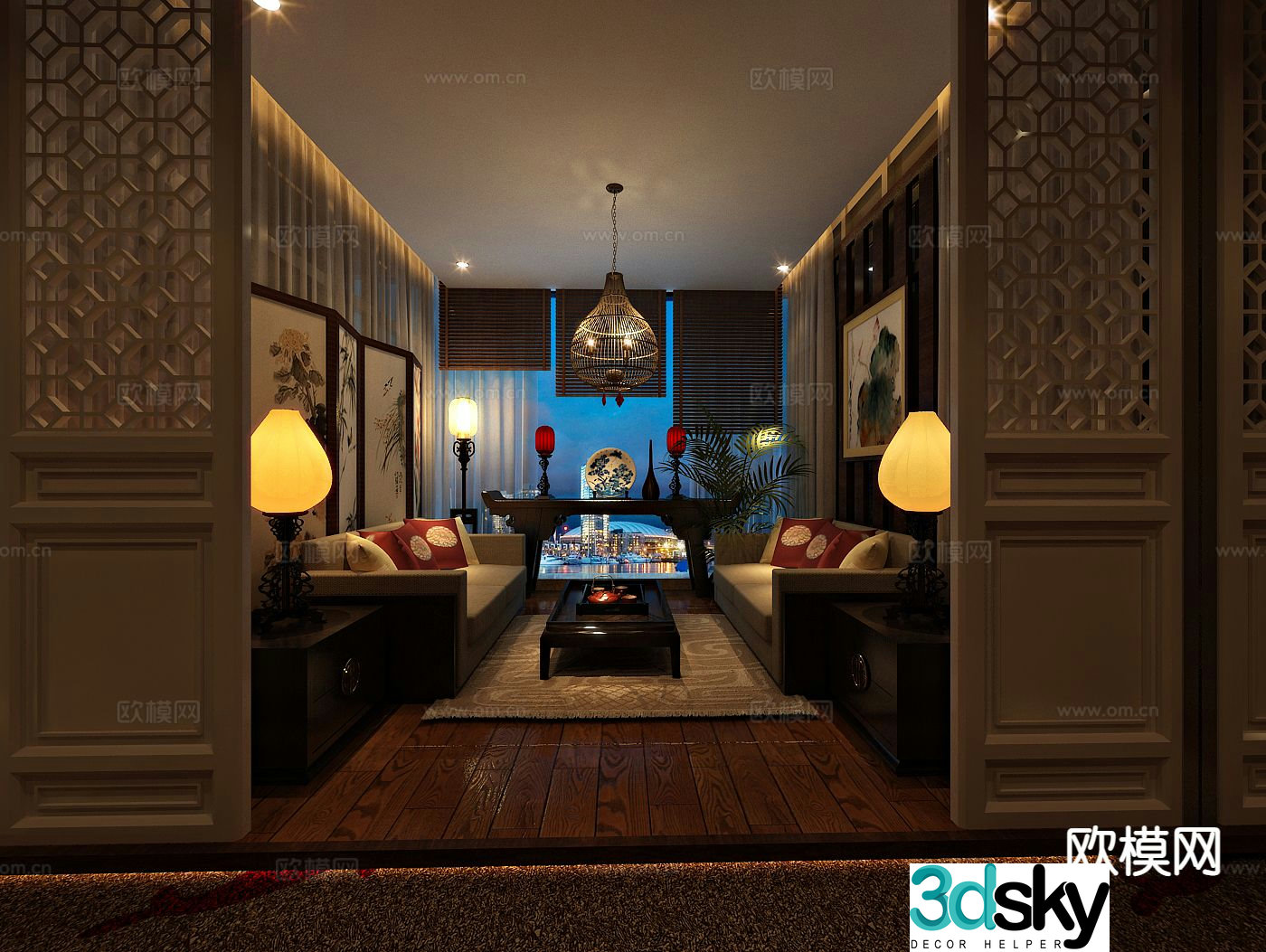 New Chinese Tea Room Reception Room Night Scene 3D Model