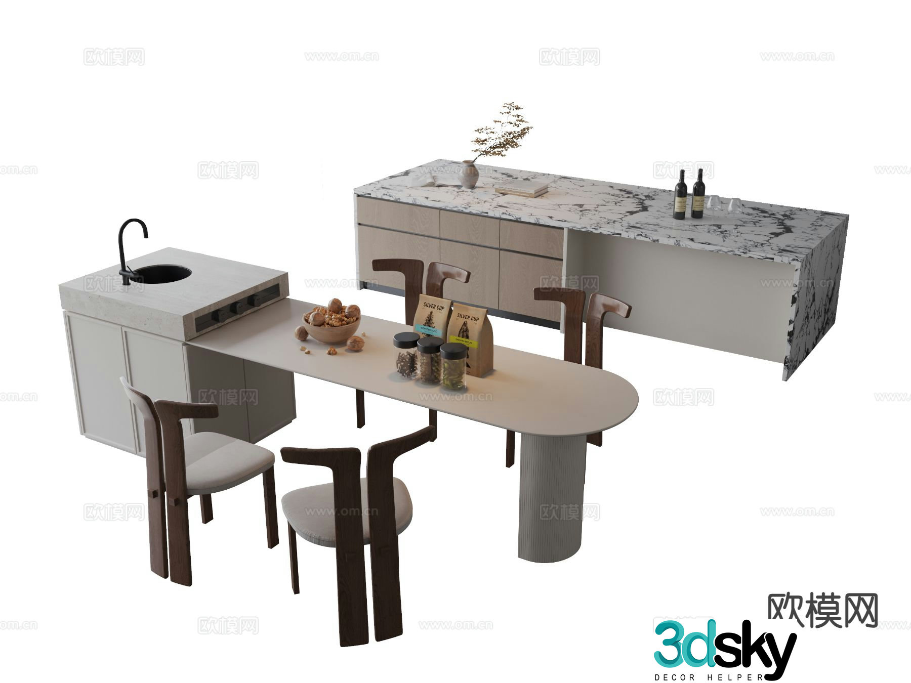 Modern island table dining table and chairs 3d model