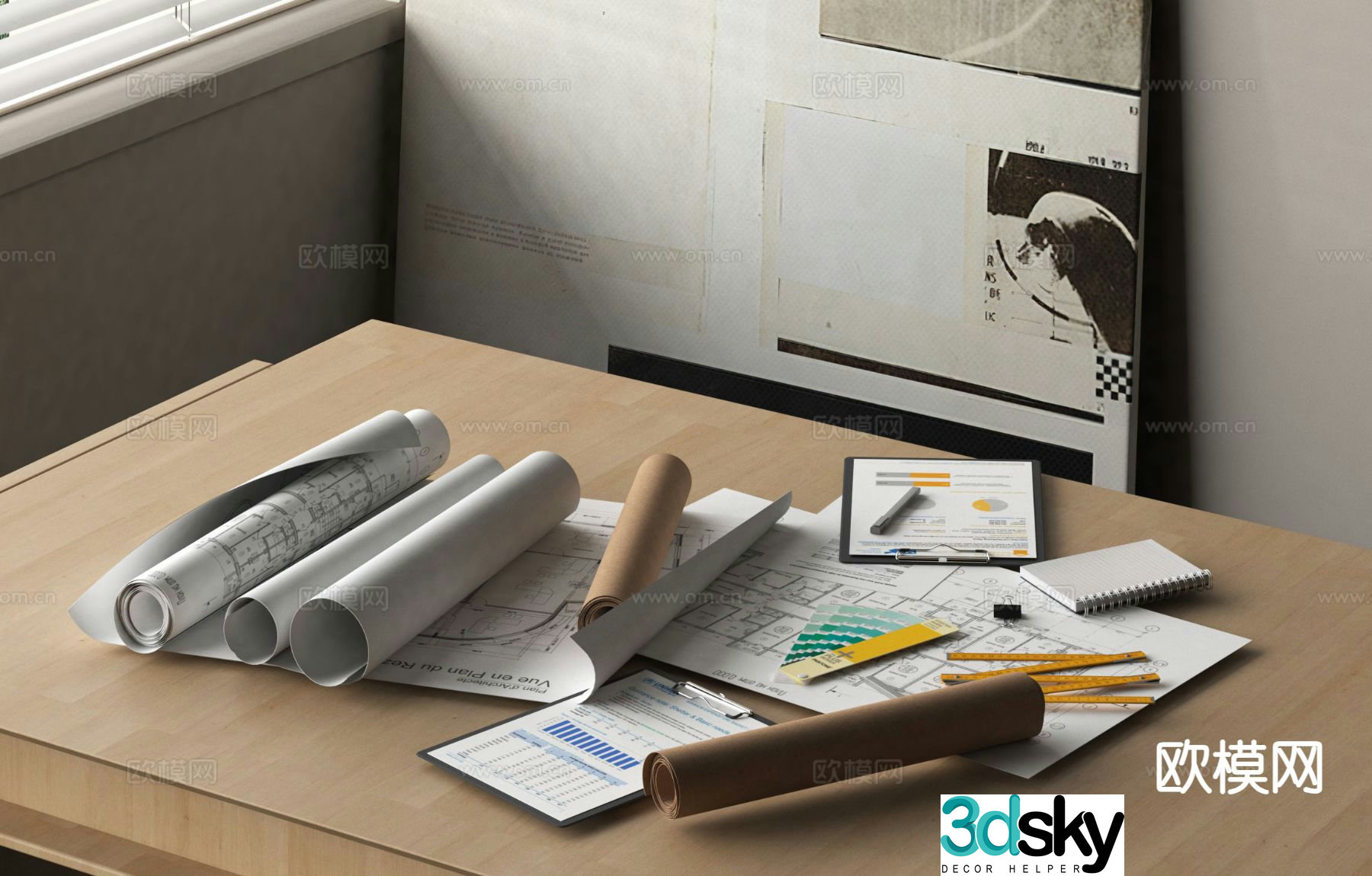 Office supplies office utensils paper and pen drawings 3d model