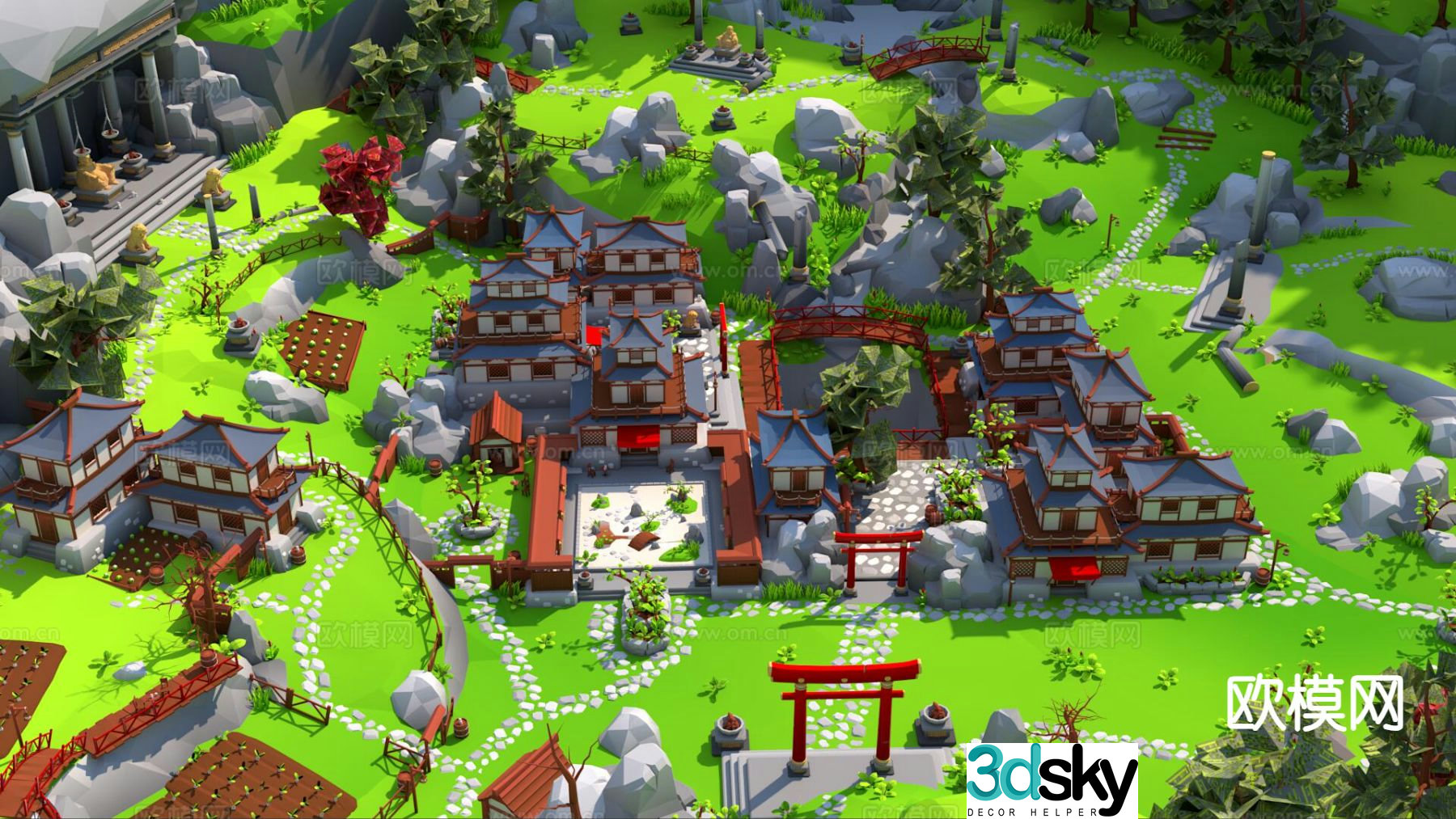 Cartoon ancient costume building scene 3d model