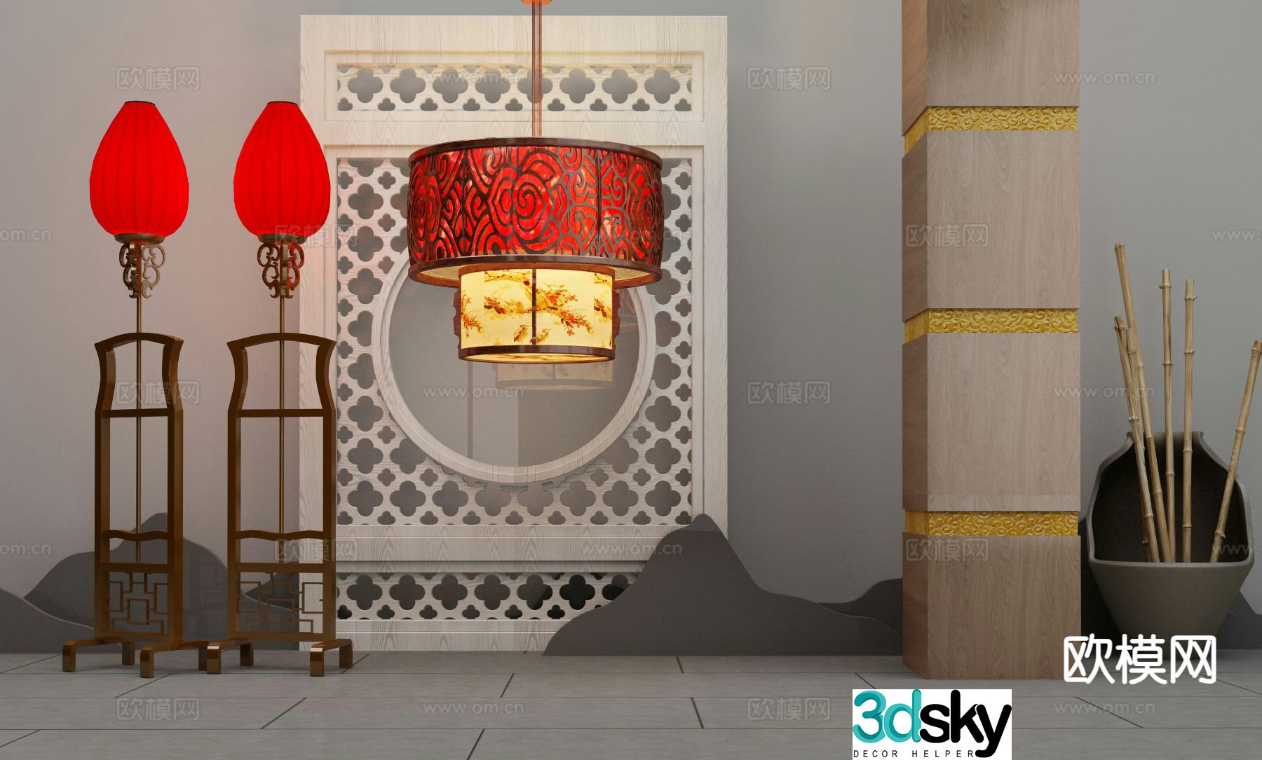 New Chinese style chandelier floor lamp 3d model