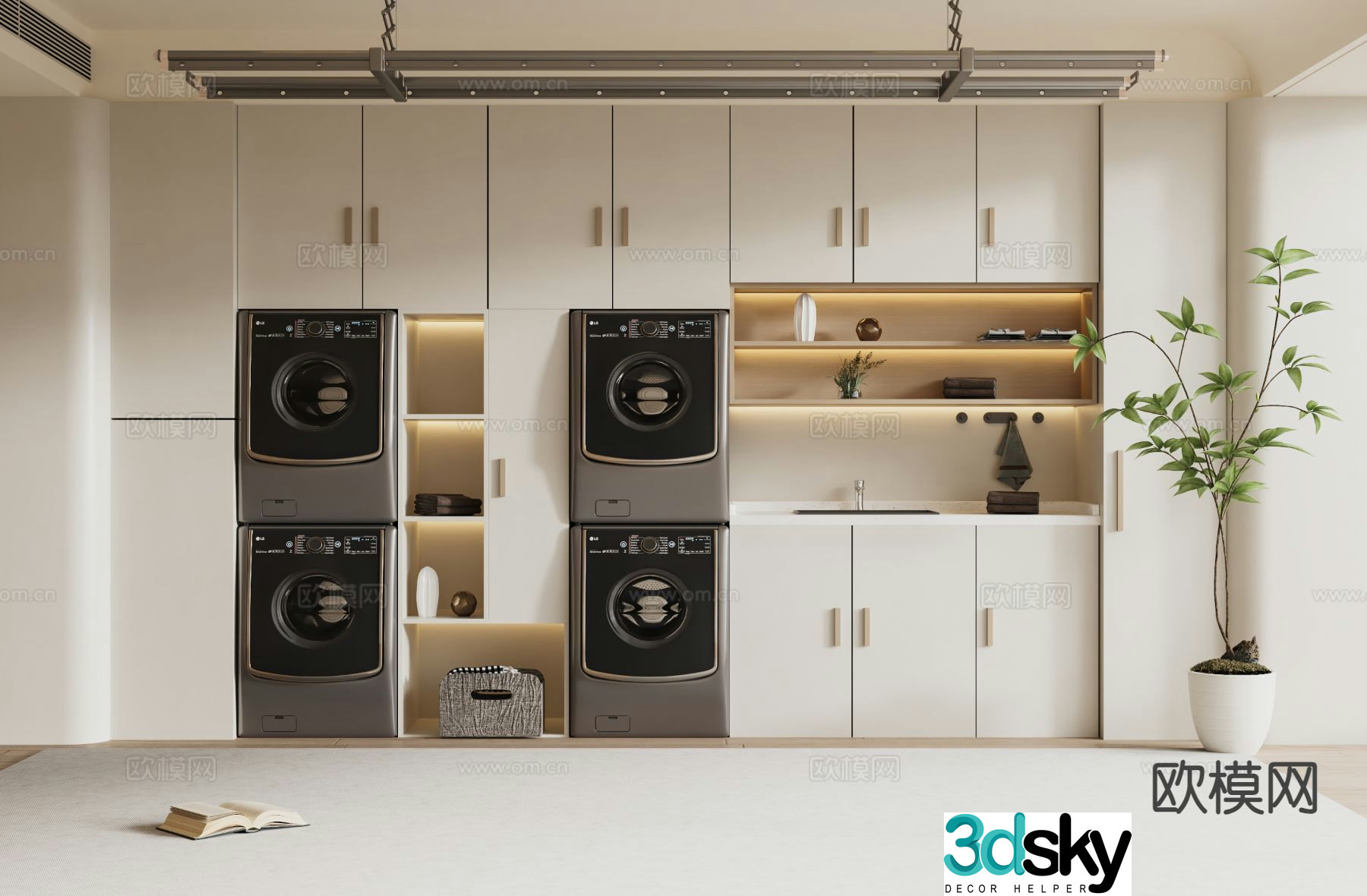 Cream style balcony cabinet washing machine cabinet 3d model