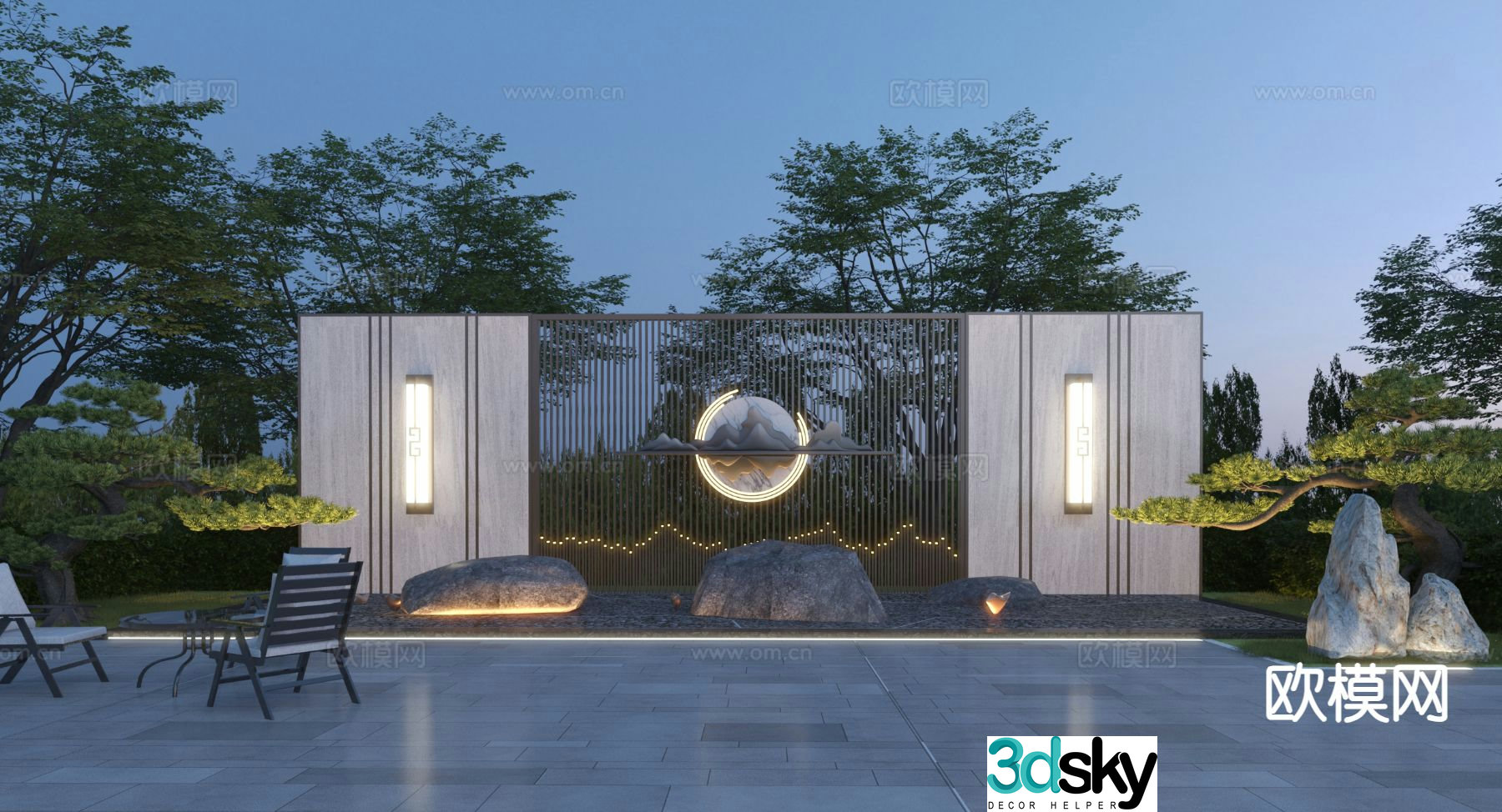 New Chinese style courtyard landscape wall night scene 3d model