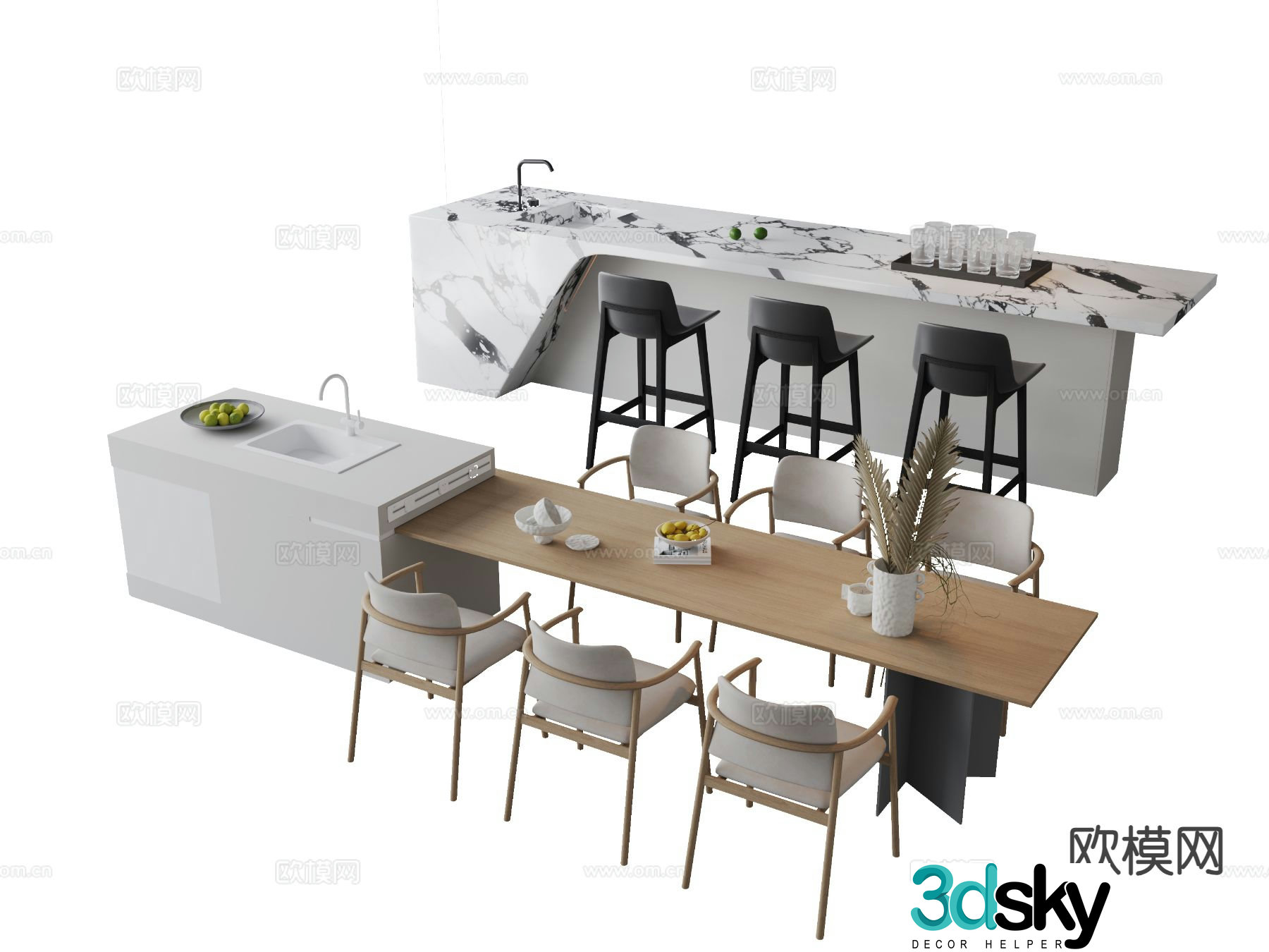 Modern island table water bar dining table and chairs 3D model