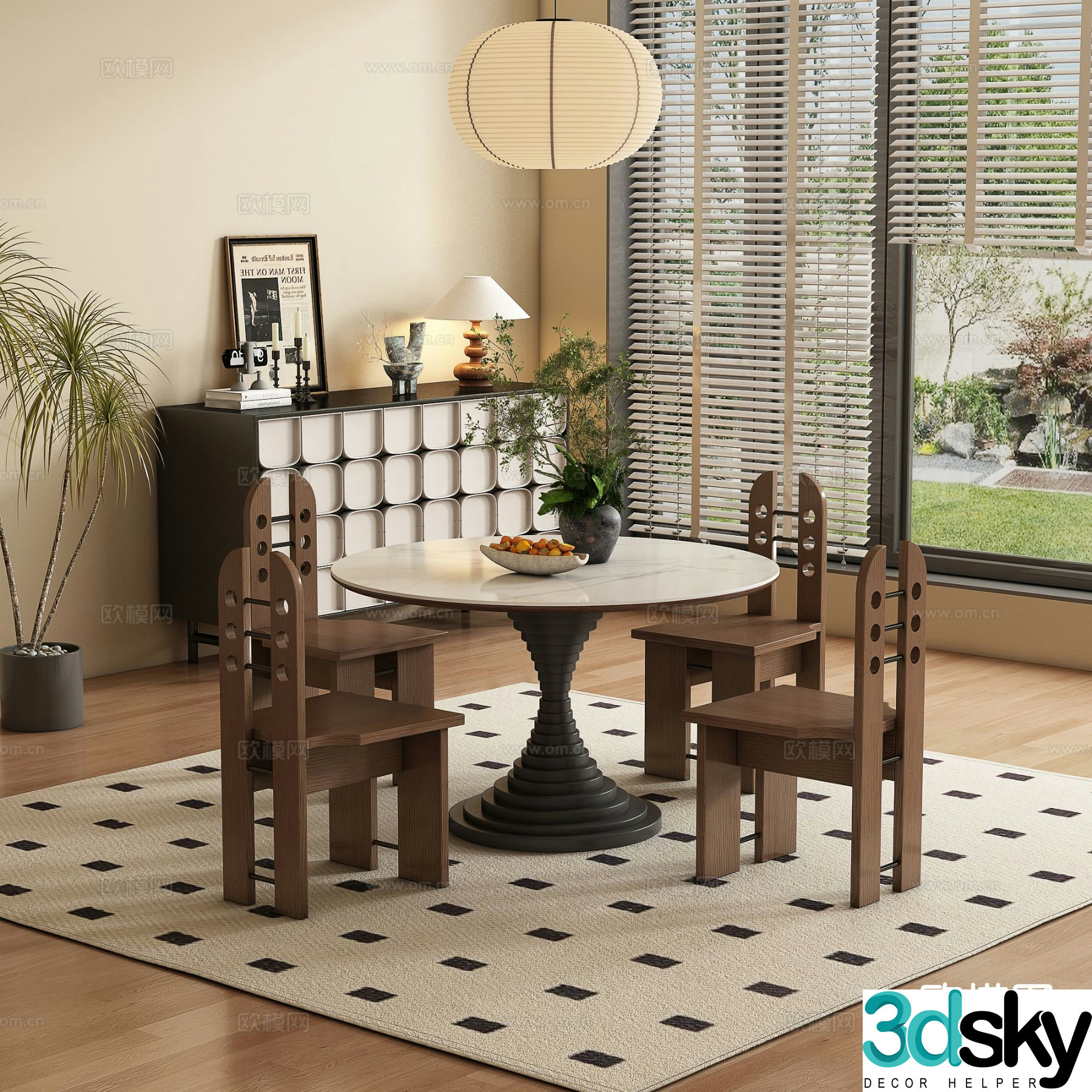 Medieval style round dining table and chairs 3D model