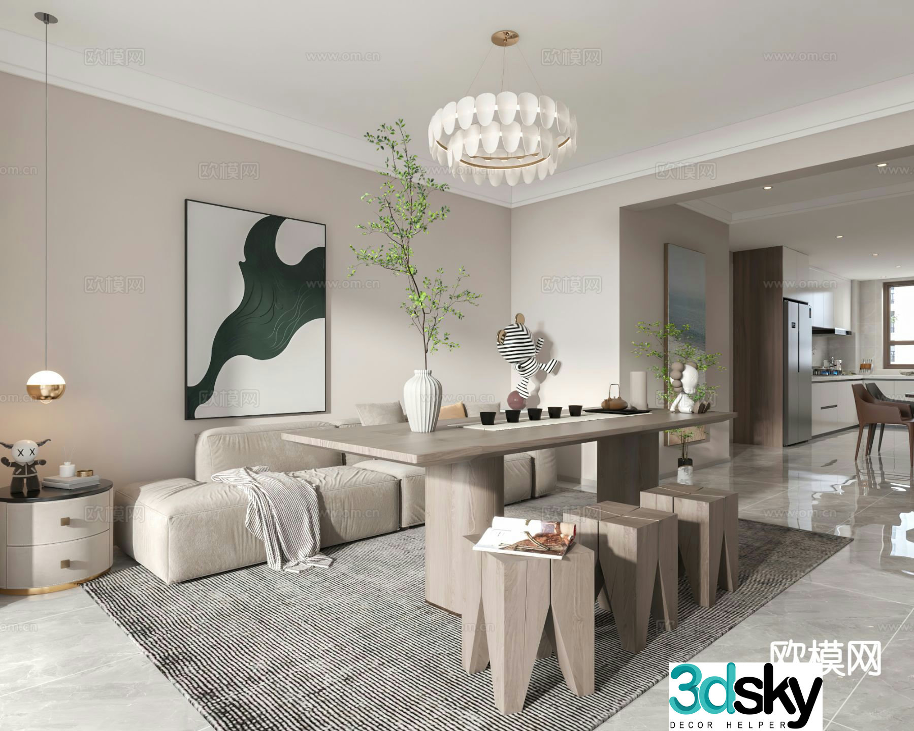 Modern living room and dining room study 3D model