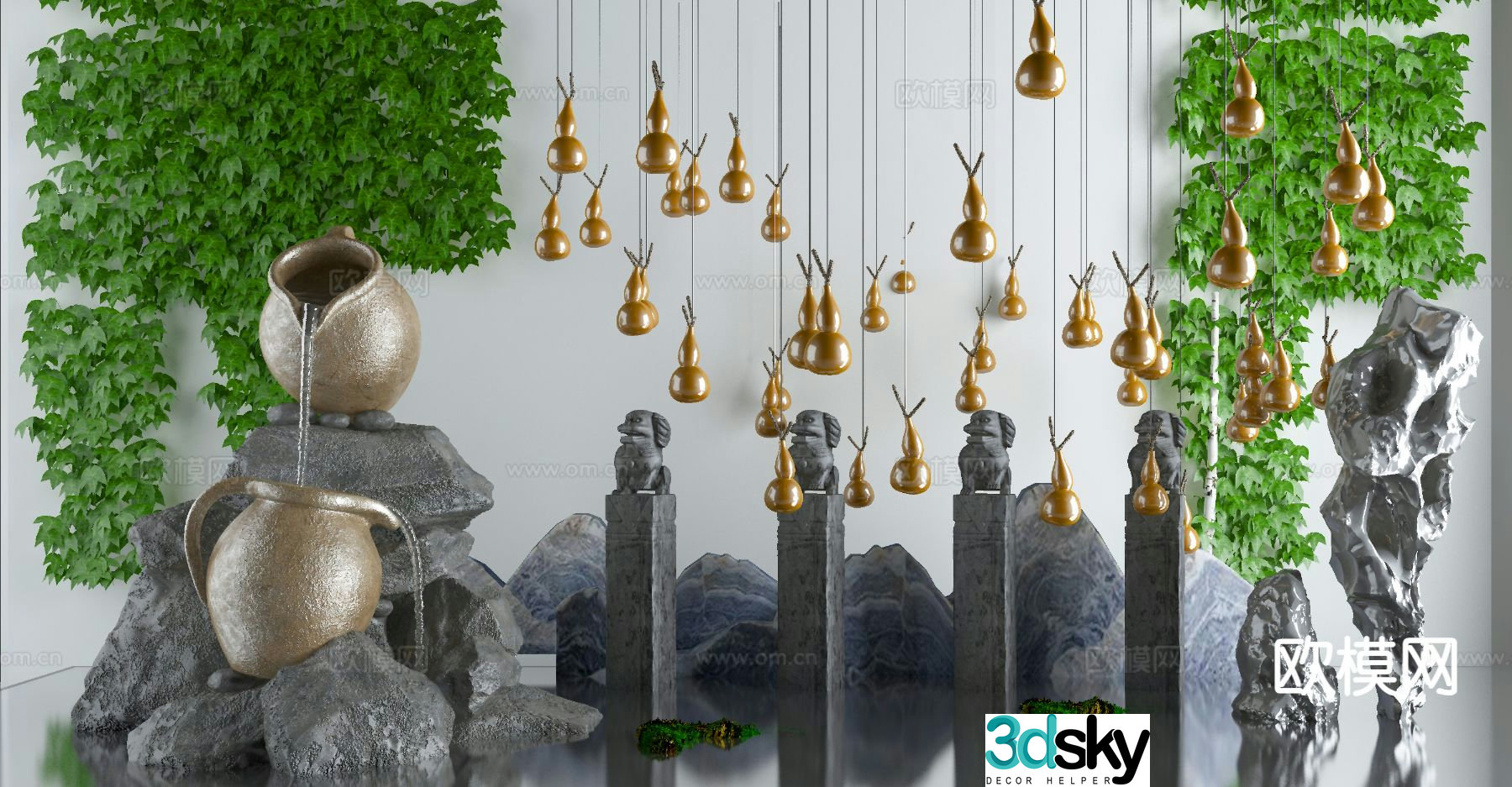 New Chinese style courtyard rockery water feature landscape sketch 3D model