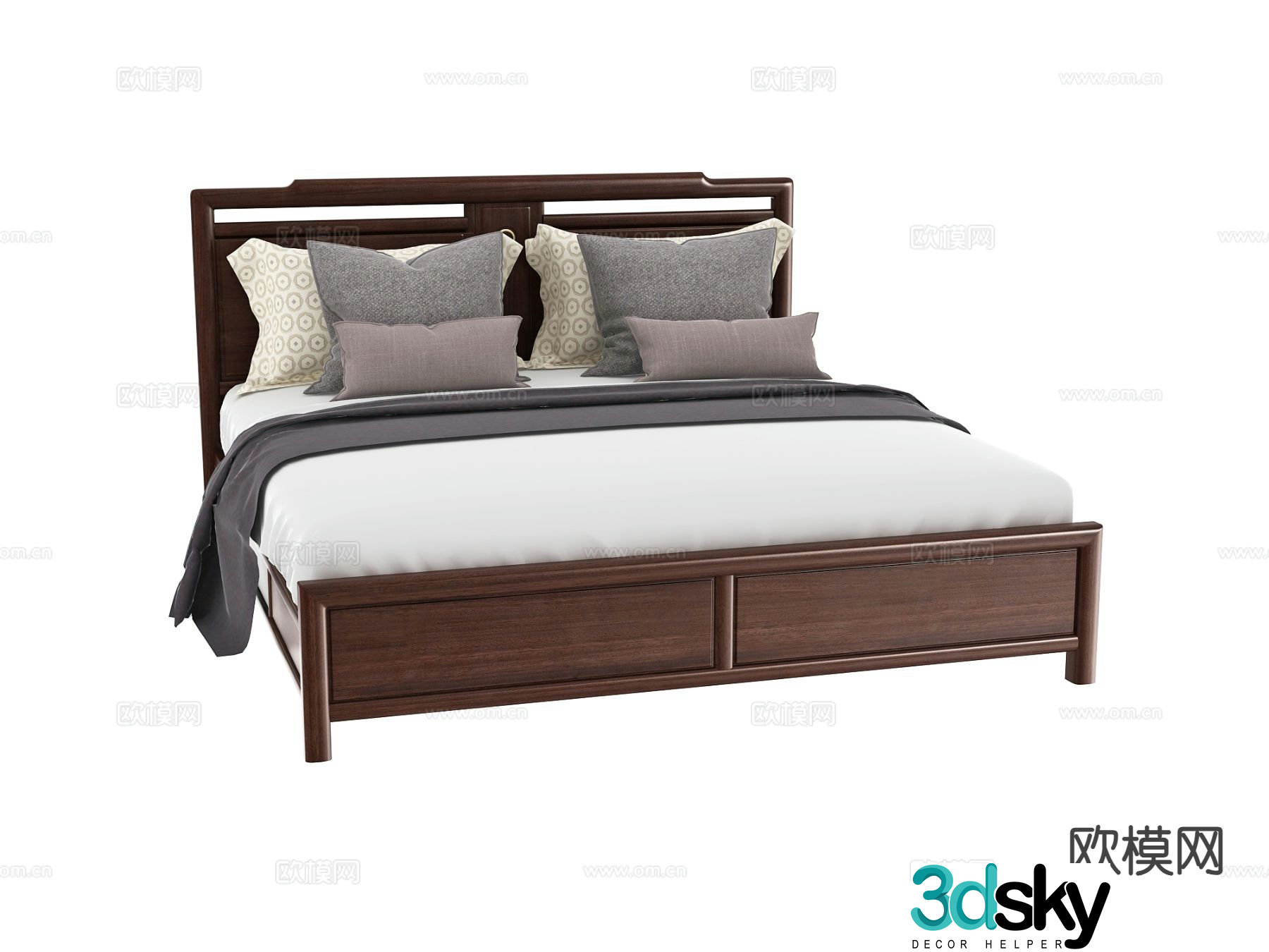 New Chinese style double bed walnut bed 3d model