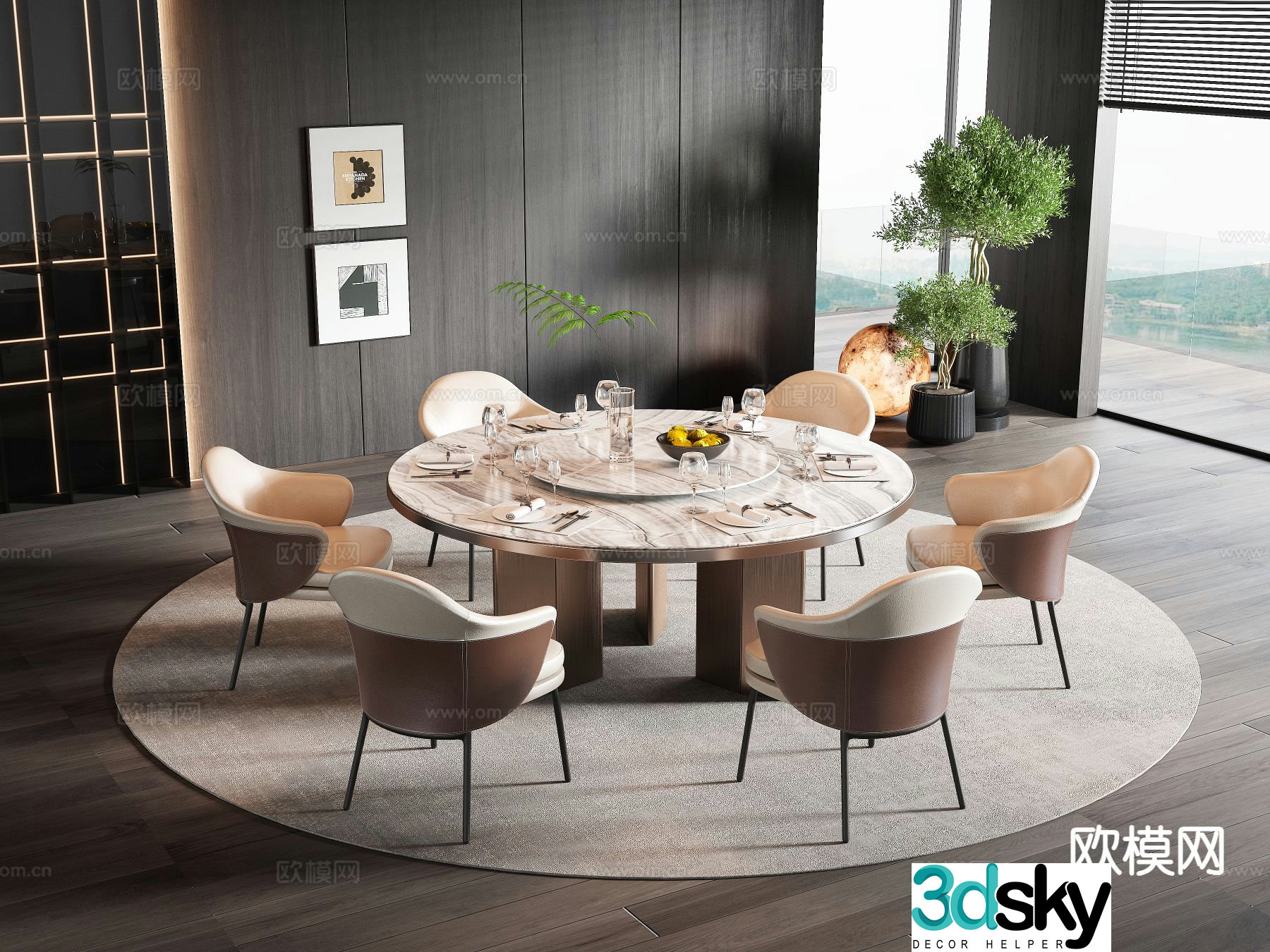 Italian dining table and chairs round dining table 3d model